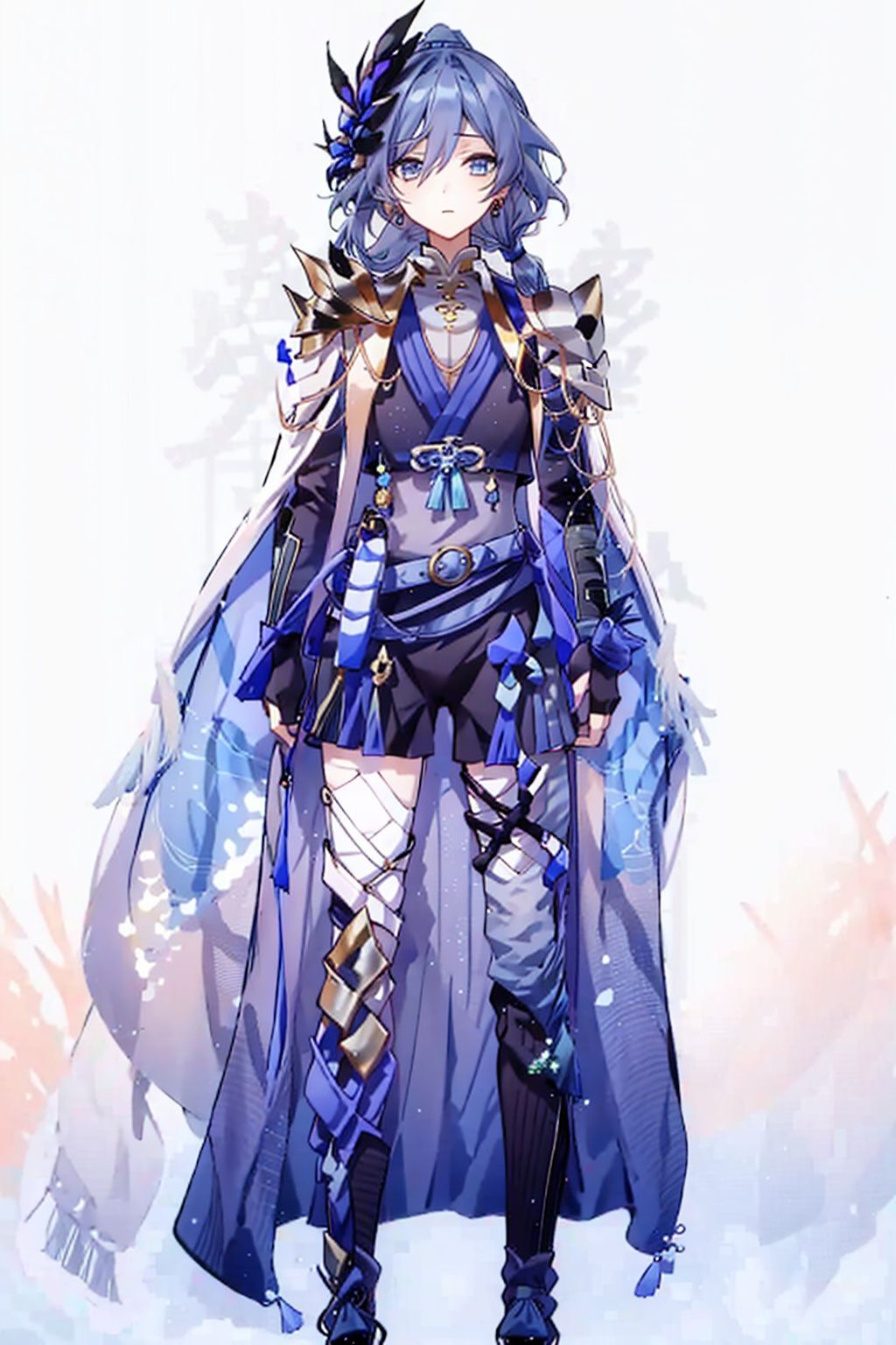 (masterpiece:1.3),(the best quality:1.2),(super fine illustrations:1.2),(Masterpiece),high quality,high detail,(white background:1.2),looking at viewer,(SOLO:1.4),outline,simplebackground,, blue eyes,fingerless gloves,long hair,multicolored hair,jewelry,earrings,japanese armor,grey hair,ponytail,fu hua,hair flower,armor,braid,boots,gradient hair,gloves,long sleeves,hair ornament,hair between eyes,