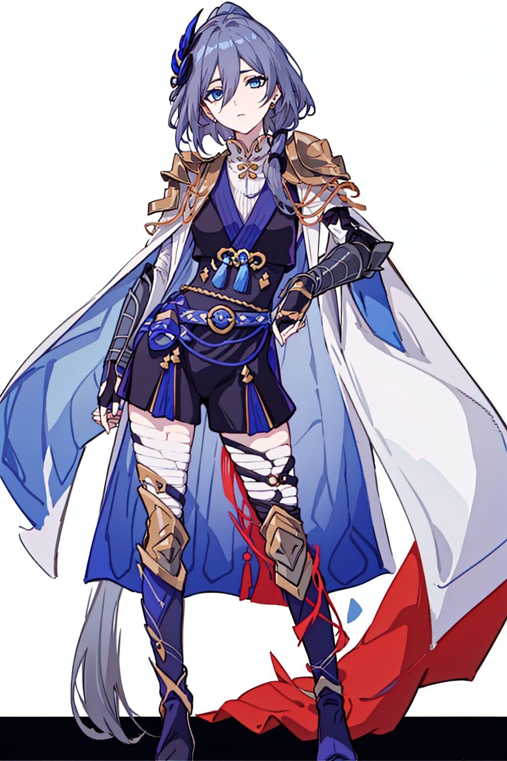  (masterpiece:1.3),(the best quality:1.2),(super fine illustrations:1.2),(Masterpiece),high quality,high detail,(white background:1.2),looking at viewer,(SOLO:1.4),outline,simplebackground,, blue eyes,fingerless gloves,long hair,multicolored hair,jewelry,earrings,japanese armor,grey hair,ponytail,fu hua,hair flower,armor,braid,boots,gradient hair,gloves,long sleeves,hair ornament,hair between eyes,