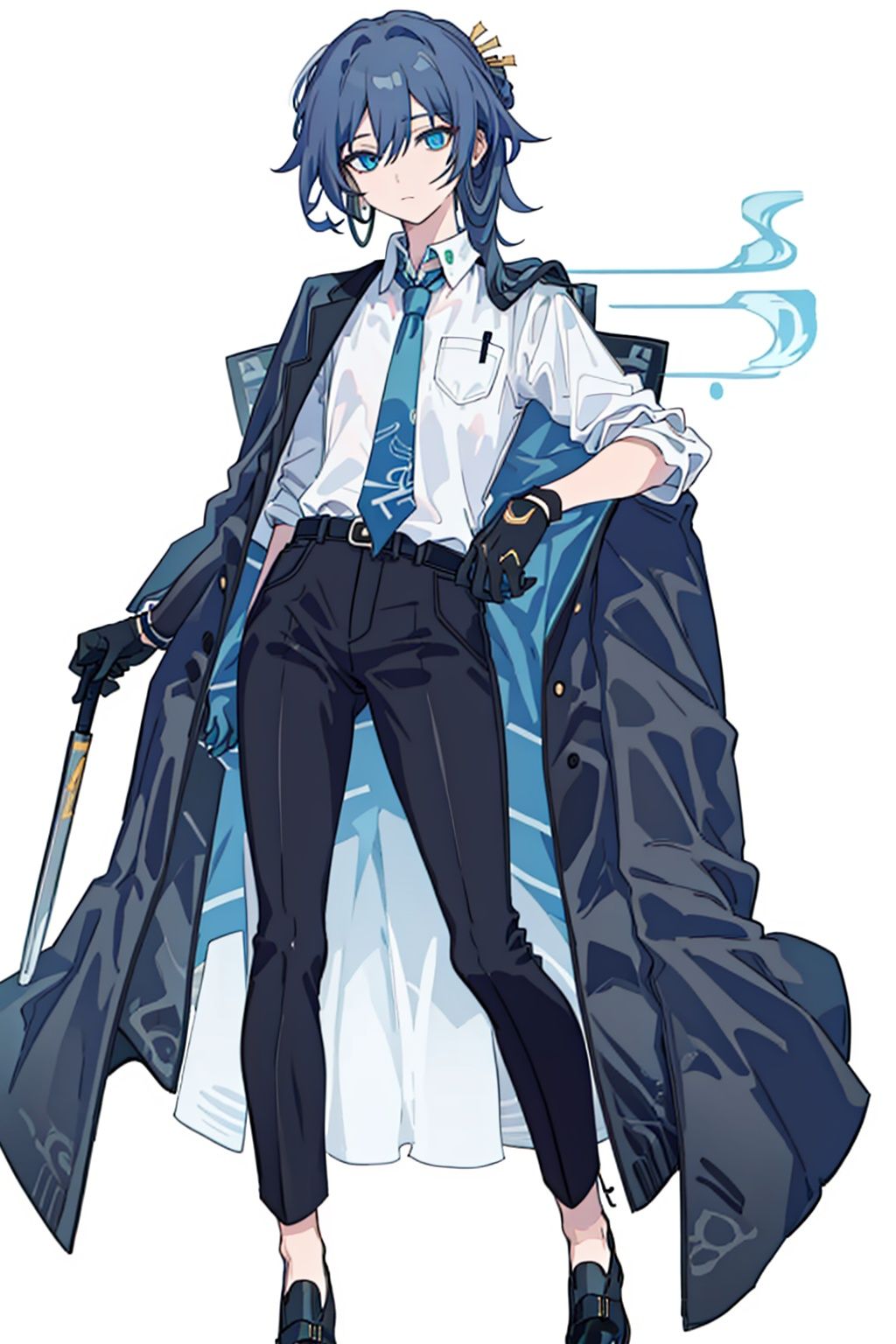  (masterpiece:1.3),(the best quality:1.2),(super fine illustrations:1.2),(Masterpiece),high quality,high detail,(white background:1.2),looking at viewer,(SOLO:1.4),outline,simplebackground,, necktie,gloves,jewelry,jacket on shoulders,blue eyes,black pants,belt,jacket,hair rings,hair stick,braid,hair ornament,blue necktie,collared shirt,white shirt,pants,hair between eyes,black footwear,earrings,black gloves,shirt,