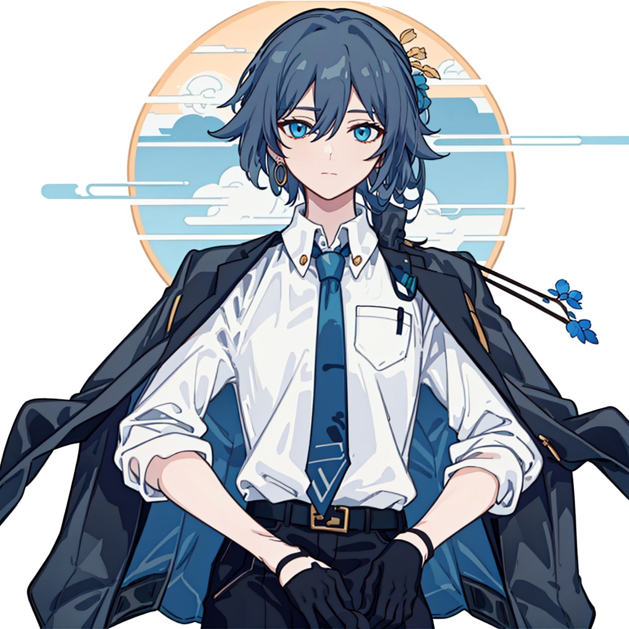  (masterpiece:1.3),(the best quality:1.2),(super fine illustrations:1.2),(Masterpiece),high quality,high detail,(white background:1.2),looking at viewer,(SOLO:1.4),outline,simplebackground,, necktie,gloves,jewelry,jacket on shoulders,blue eyes,black pants,belt,jacket,hair rings,hair stick,braid,hair ornament,blue necktie,collared shirt,white shirt,pants,hair between eyes,black footwear,earrings,black gloves,shirt,