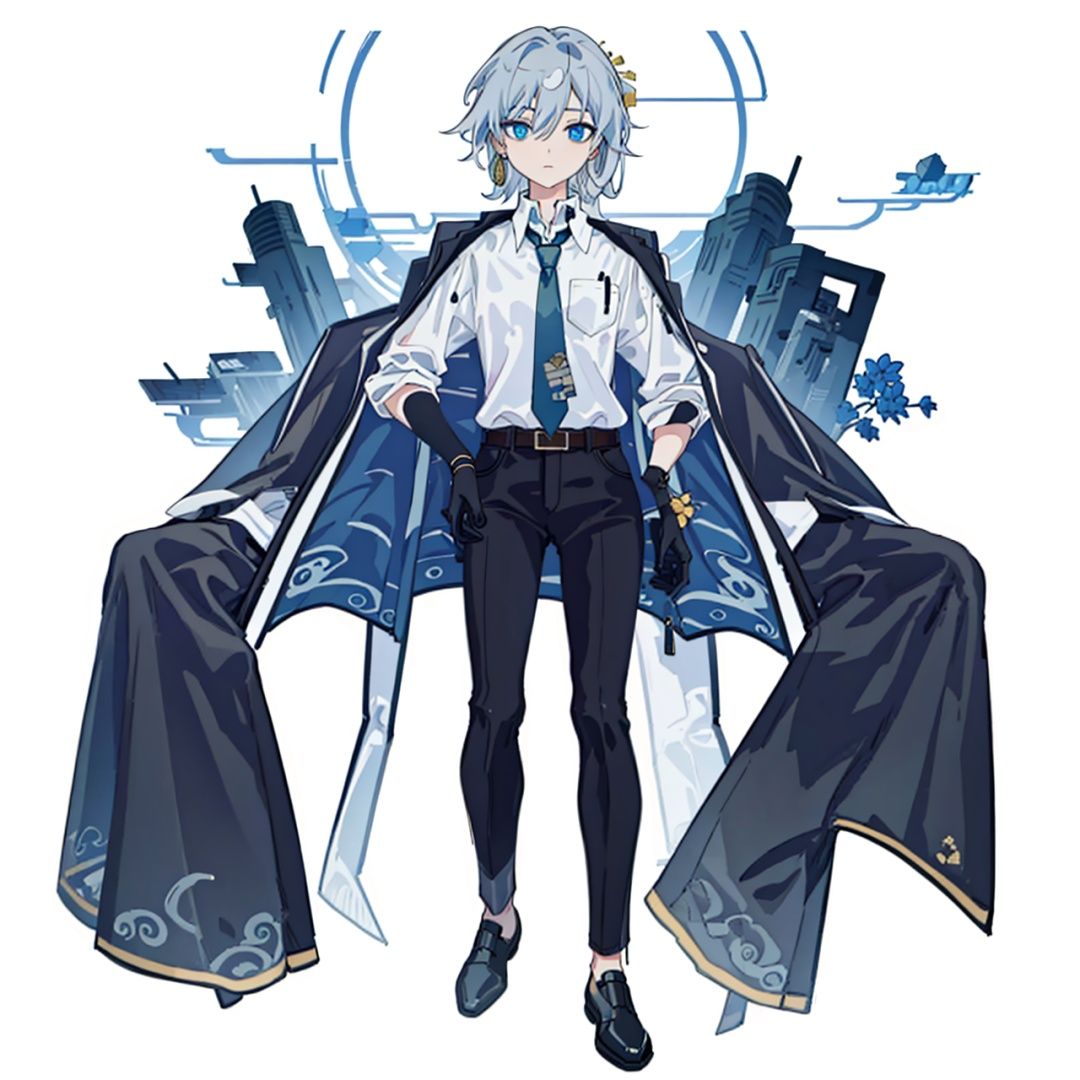 (masterpiece:1.3),(the best quality:1.2),(super fine illustrations:1.2),(Masterpiece),high quality,high detail,(white background:1.2),looking at viewer,(SOLO:1.4),outline,simplebackground,, necktie,gloves,jewelry,jacket on shoulders,blue eyes,black pants,belt,jacket,hair rings,hair stick,braid,hair ornament,blue necktie,collared shirt,white shirt,pants,hair between eyes,black footwear,earrings,black gloves,shirt,