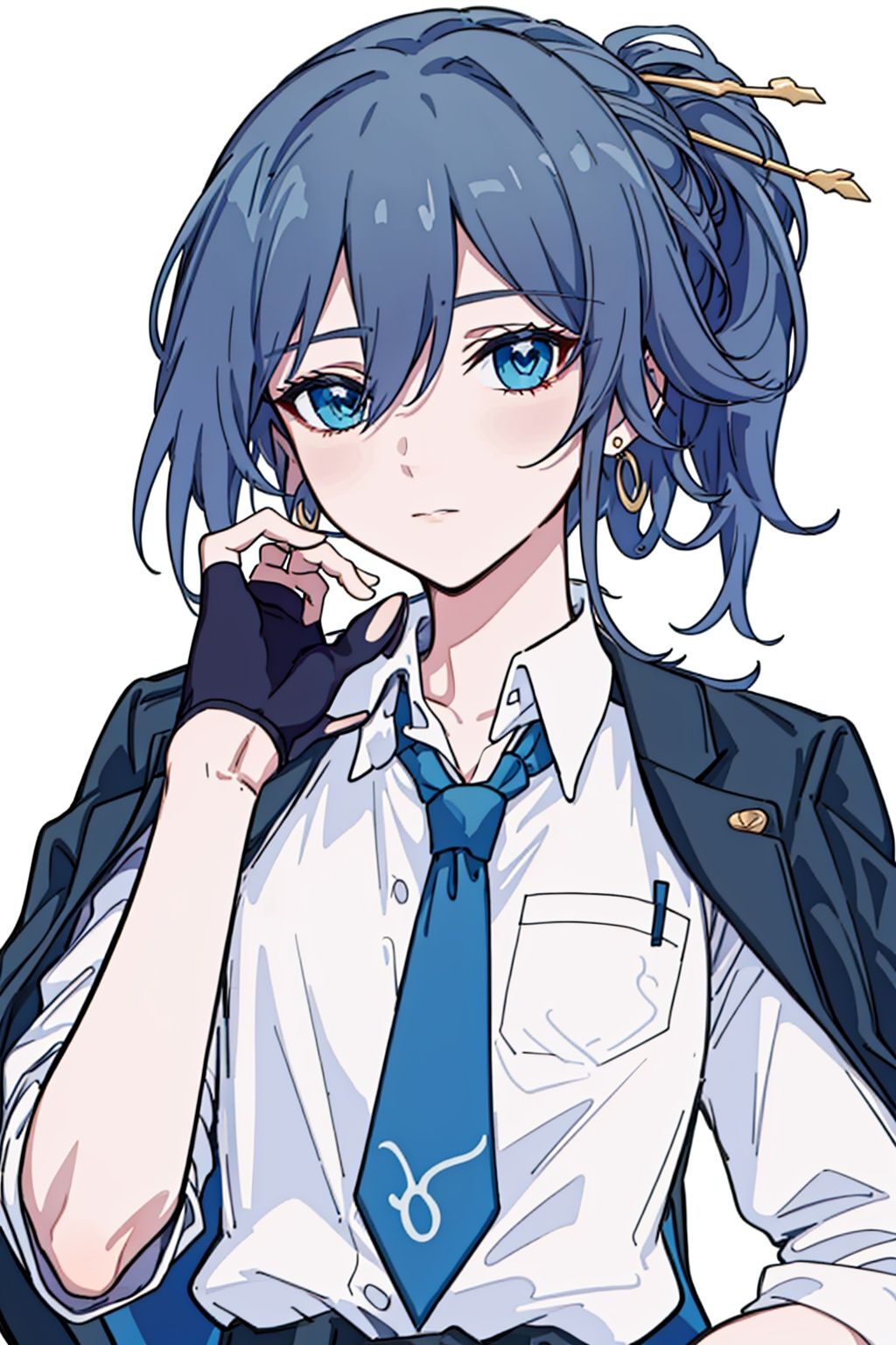  (masterpiece:1.3),(the best quality:1.2),(super fine illustrations:1.2),(Masterpiece),high quality,high detail,(white background:1.2),looking at viewer,(SOLO:1.4),outline,simplebackground,, necktie,gloves,jewelry,jacket on shoulders,blue eyes,black pants,belt,jacket,hair rings,hair stick,braid,hair ornament,blue necktie,collared shirt,white shirt,pants,hair between eyes,black footwear,earrings,black gloves,shirt,