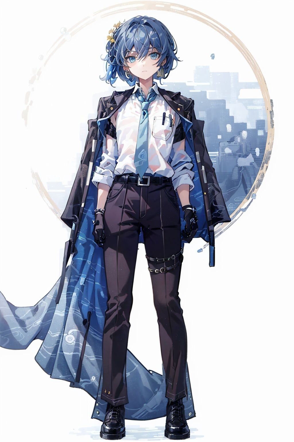 (masterpiece:1.3),(the best quality:1.2),(super fine illustrations:1.2),(Masterpiece),high quality,high detail,(white background:1.2),looking at viewer,(SOLO:1.4),outline,simplebackground,, necktie,gloves,jewelry,jacket on shoulders,blue eyes,black pants,belt,jacket,hair rings,hair stick,braid,hair ornament,blue necktie,collared shirt,white shirt,pants,hair between eyes,black footwear,earrings,black gloves,shirt,