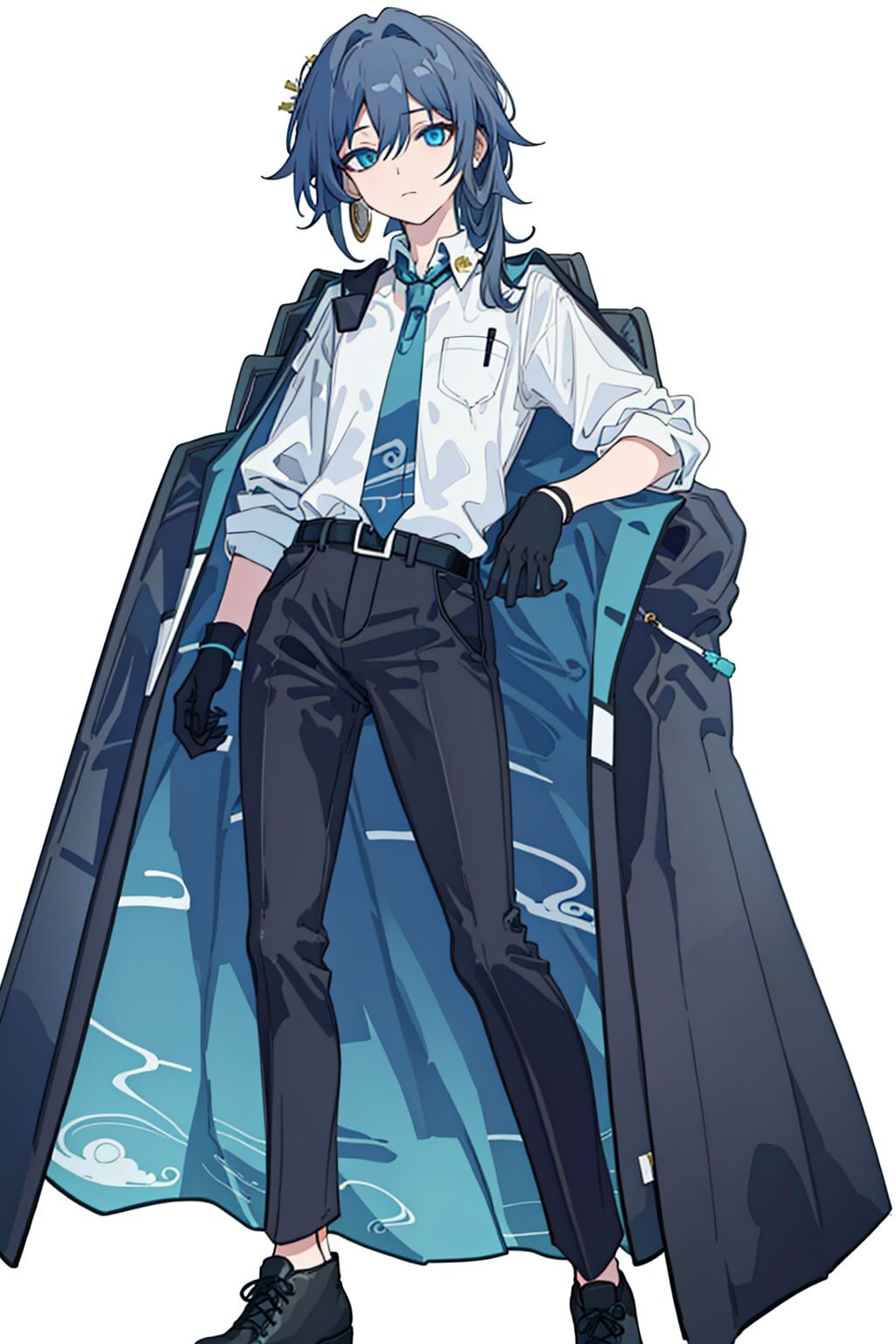  (masterpiece:1.3),(the best quality:1.2),(super fine illustrations:1.2),(Masterpiece),high quality,high detail,(white background:1.2),looking at viewer,(SOLO:1.4),outline,simplebackground,, necktie,gloves,jewelry,jacket on shoulders,blue eyes,black pants,belt,jacket,hair rings,hair stick,braid,hair ornament,blue necktie,collared shirt,white shirt,pants,hair between eyes,black footwear,earrings,black gloves,shirt,
