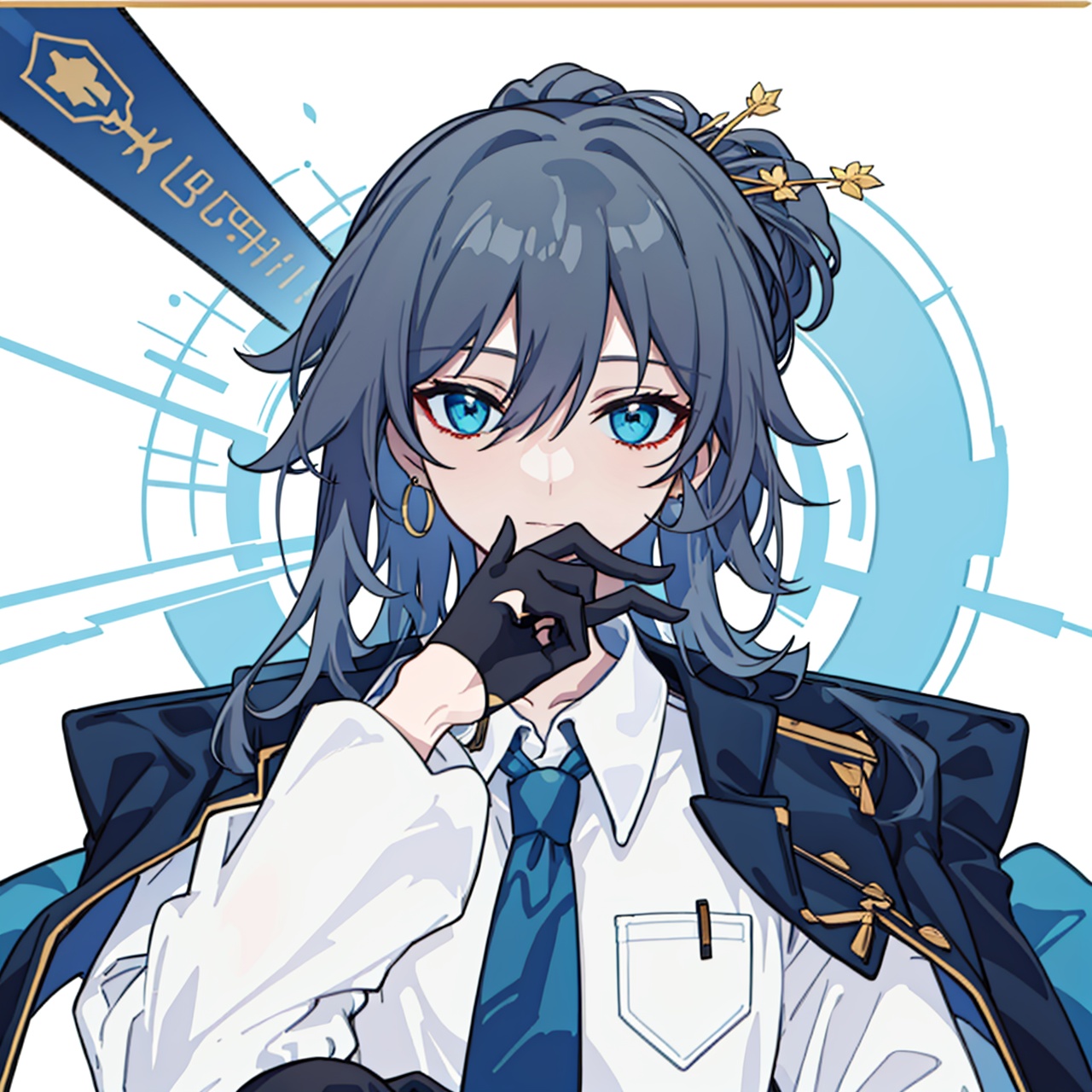  (masterpiece:1.3),(the best quality:1.2),(super fine illustrations:1.2),(Masterpiece),high quality,high detail,(white background:1.2),looking at viewer,(SOLO:1.4),outline,simplebackground,, necktie,gloves,jewelry,jacket on shoulders,blue eyes,black pants,belt,jacket,hair rings,hair stick,braid,hair ornament,blue necktie,collared shirt,white shirt,pants,hair between eyes,black footwear,earrings,black gloves,shirt,