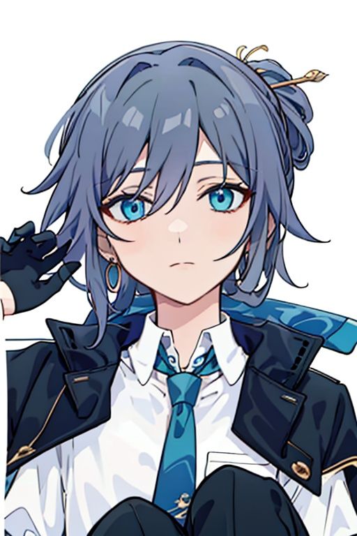 (masterpiece:1.3),(the best quality:1.2),(super fine illustrations:1.2),(Masterpiece),high quality,high detail,(white background:1.2),looking at viewer,(SOLO:1.4),outline,simple background,<lora:符华-社畜:0.8>, necktie,gloves,jewelry,jacket on shoulders,blue eyes,black pants,belt,jacket,hair rings,hair stick,braid,hair ornament,blue necktie,collared shirt,white shirt,pants,hair between eyes,black footwear,earrings,black gloves,shirt,