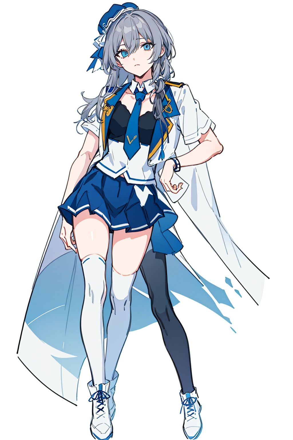  (masterpiece:1.3),(the best quality:1.2),(super fine illustrations:1.2),(Masterpiece),high quality,high detail,(white background:1.2),looking at viewer,(SOLO:1.4),outline,simplebackground,, hair ornament,hair between eyes,shirt,thighhighs,blue headwear,hat,boots,braid,skirt,necktie,grey hair,shorts,low-tied long hair,cheerleader,
