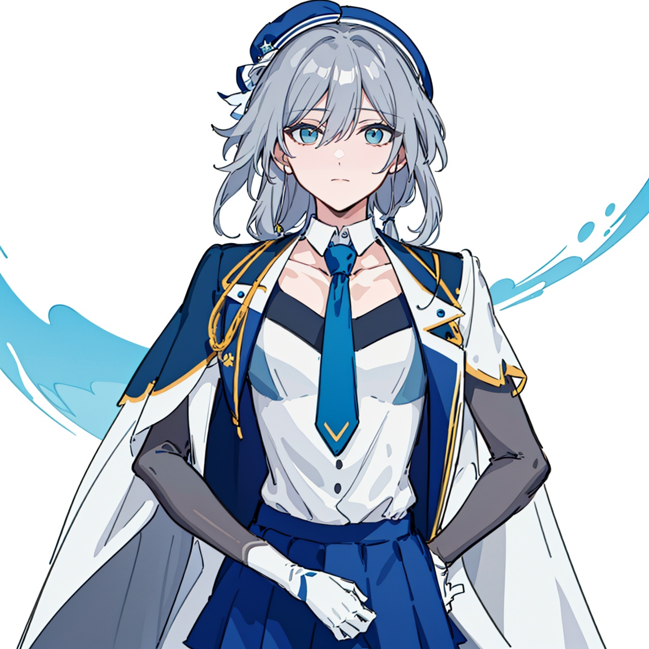  (masterpiece:1.3),(the best quality:1.2),(super fine illustrations:1.2),(Masterpiece),high quality,high detail,(white background:1.2),looking at viewer,(SOLO:1.4),outline,simplebackground,, hair ornament,hair between eyes,shirt,thighhighs,blue headwear,hat,boots,braid,skirt,necktie,grey hair,shorts,low-tied long hair,cheerleader,