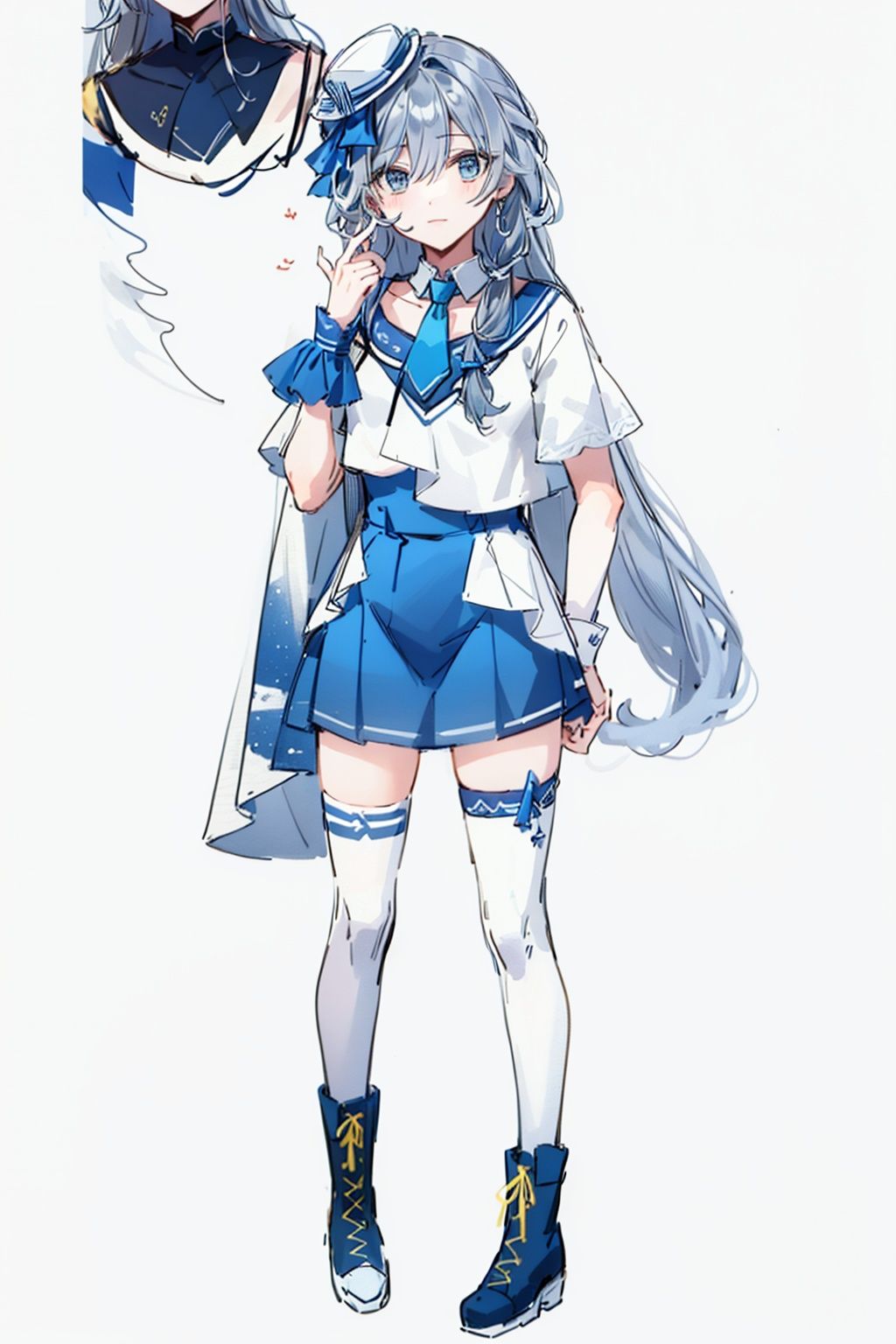 (masterpiece:1.3),(the best quality:1.2),(super fine illustrations:1.2),(Masterpiece),high quality,high detail,(white background:1.2),looking at viewer,(SOLO:1.4),outline,simplebackground,, hair ornament,hair between eyes,shirt,thighhighs,blue headwear,hat,boots,braid,skirt,necktie,grey hair,shorts,low-tied long hair,cheerleader,
