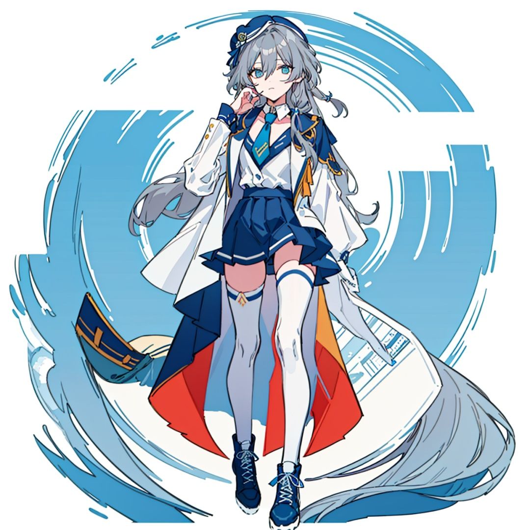 (masterpiece:1.3),(the best quality:1.2),(super fine illustrations:1.2),(Masterpiece),high quality,high detail,(white background:1.2),looking at viewer,(SOLO:1.4),outline,simplebackground,, hair ornament,hair between eyes,shirt,thighhighs,blue headwear,hat,boots,braid,skirt,necktie,grey hair,shorts,low-tied long hair,cheerleader,