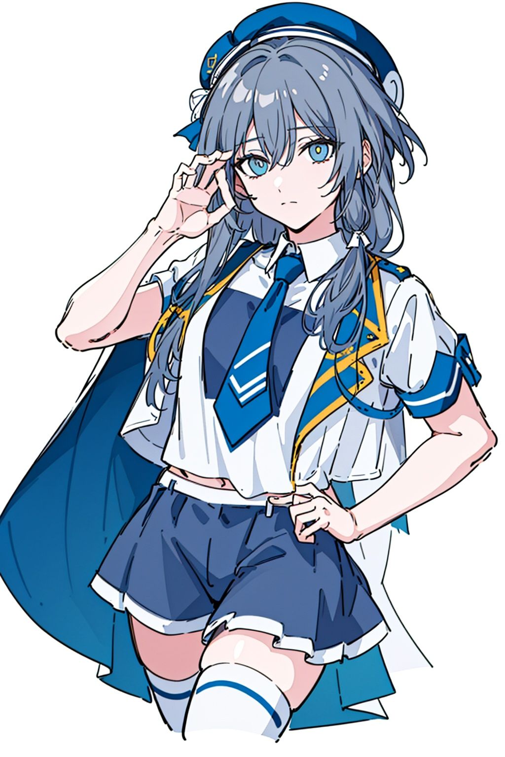  (masterpiece:1.3),(the best quality:1.2),(super fine illustrations:1.2),(Masterpiece),high quality,high detail,(white background:1.2),looking at viewer,(SOLO:1.4),outline,simplebackground,, hair ornament,hair between eyes,shirt,thighhighs,blue headwear,hat,boots,braid,skirt,necktie,grey hair,shorts,low-tied long hair,cheerleader,