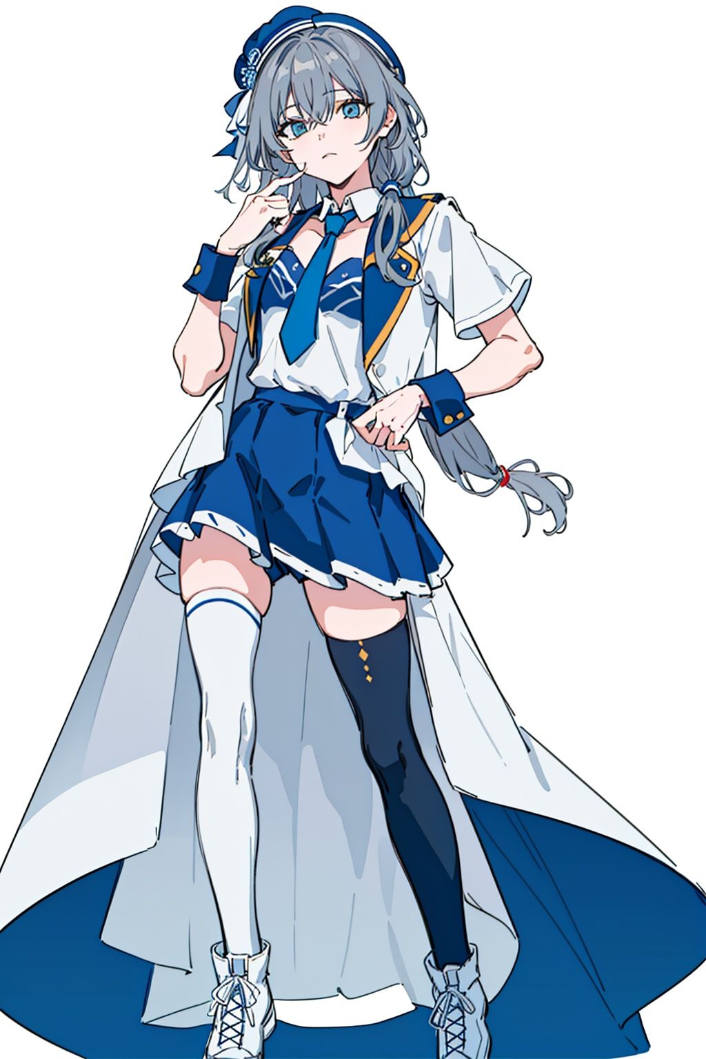  (masterpiece:1.3),(the best quality:1.2),(super fine illustrations:1.2),(Masterpiece),high quality,high detail,(white background:1.2),looking at viewer,(SOLO:1.4),outline,simplebackground,, hair ornament,hair between eyes,shirt,thighhighs,blue headwear,hat,boots,braid,skirt,necktie,grey hair,shorts,low-tied long hair,cheerleader,