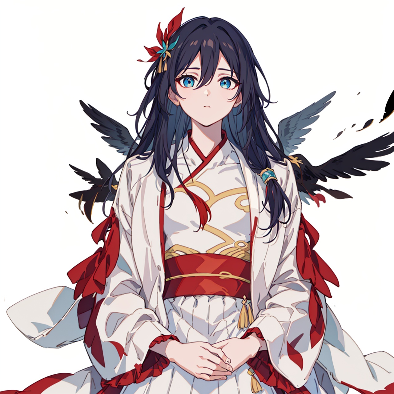 (masterpiece:1.3),(the best quality:1.2),(super fine illustrations:1.2),(Masterpiece),high quality,high detail,(white background:1.2),looking at viewer,(SOLO:1.4),outline,simplebackground,, coat,fu hua,chinese clothes,hakama skirt,hanfu,dress,hair between eyes,multicolored hair,hair ornament,wide sleeves,very long hair,low-tied long hair,long hair,bird,blue eyes,