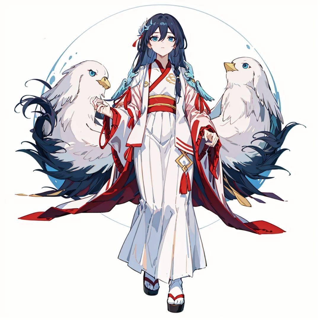 (masterpiece:1.3),(the best quality:1.2),(super fine illustrations:1.2),(Masterpiece),high quality,high detail,(white background:1.2),looking at viewer,(SOLO:1.4),outline,simplebackground,, coat,fu hua,chinese clothes,hakama skirt,hanfu,dress,hair between eyes,multicolored hair,hair ornament,wide sleeves,very long hair,low-tied long hair,long hair,bird,blue eyes,