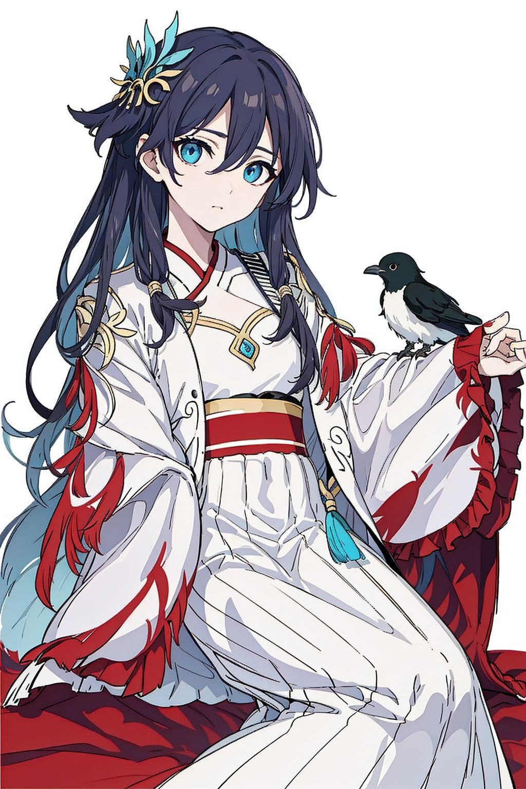  (masterpiece:1.3),(the best quality:1.2),(super fine illustrations:1.2),(Masterpiece),high quality,high detail,(white background:1.2),looking at viewer,(SOLO:1.4),outline,simplebackground,, coat,fu hua,chinese clothes,hakama skirt,hanfu,dress,hair between eyes,multicolored hair,hair ornament,wide sleeves,very long hair,low-tied long hair,long hair,bird,blue eyes,