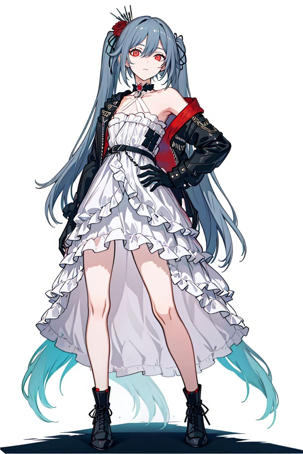  (masterpiece:1.3),(the best quality:1.2),(super fine illustrations:1.2),(Masterpiece),high quality,high detail,(white background:1.2),looking at viewer,(SOLO:1.4),outline,simplebackground,, dress,long hair,bright pupils,high heels,symbol-shaped pupils,black jacket,jacket,hair flower,boots,hair ribbon,choker,thighhighs,striped,red eyes,hair ornament,very long hair,twintails,white dress,hair between eyes,off shoulder,bare shoulders,
