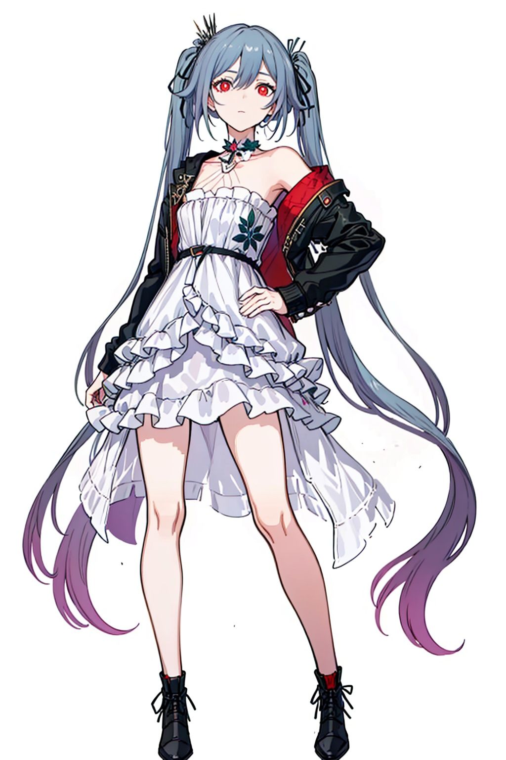  (masterpiece:1.3),(the best quality:1.2),(super fine illustrations:1.2),(Masterpiece),high quality,high detail,(white background:1.2),looking at viewer,(SOLO:1.4),outline,simplebackground,, dress,long hair,bright pupils,high heels,symbol-shaped pupils,black jacket,jacket,hair flower,boots,hair ribbon,choker,thighhighs,striped,red eyes,hair ornament,very long hair,twintails,white dress,hair between eyes,off shoulder,bare shoulders,