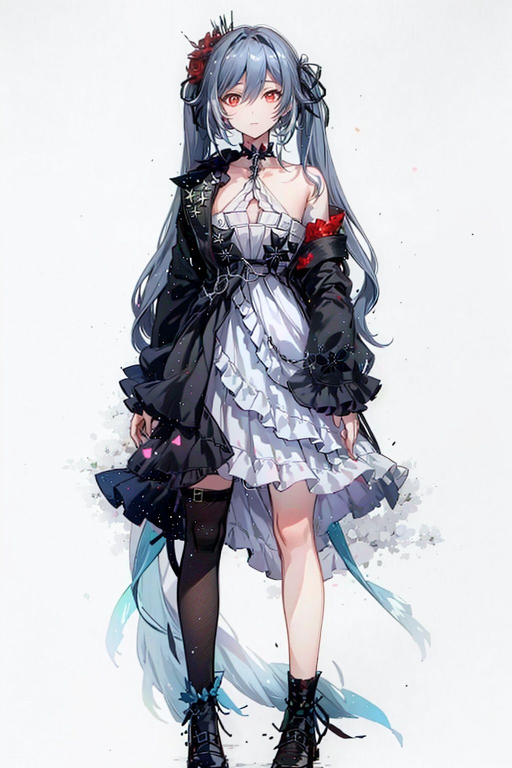 (masterpiece:1.3),(the best quality:1.2),(super fine illustrations:1.2),(Masterpiece),high quality,high detail,(white background:1.2),looking at viewer,(SOLO:1.4),outline,simplebackground,, dress,long hair,bright pupils,high heels,symbol-shaped pupils,black jacket,jacket,hair flower,boots,hair ribbon,choker,thighhighs,striped,red eyes,hair ornament,very long hair,twintails,white dress,hair between eyes,off shoulder,bare shoulders,