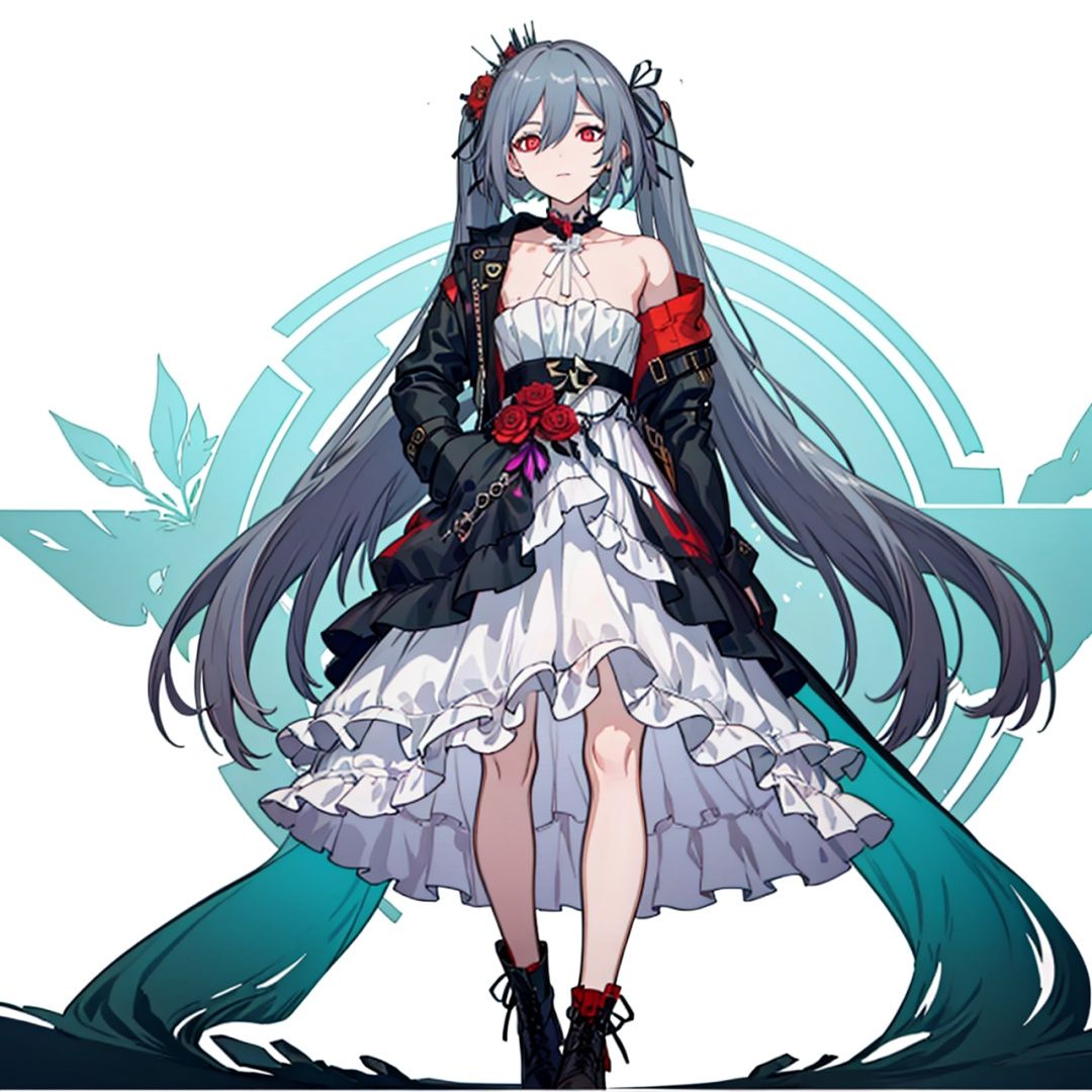 (masterpiece:1.3),(the best quality:1.2),(super fine illustrations:1.2),(Masterpiece),high quality,high detail,(white background:1.2),looking at viewer,(SOLO:1.4),outline,simplebackground,, dress,long hair,bright pupils,high heels,symbol-shaped pupils,black jacket,jacket,hair flower,boots,hair ribbon,choker,thighhighs,striped,red eyes,hair ornament,very long hair,twintails,white dress,hair between eyes,off shoulder,bare shoulders,