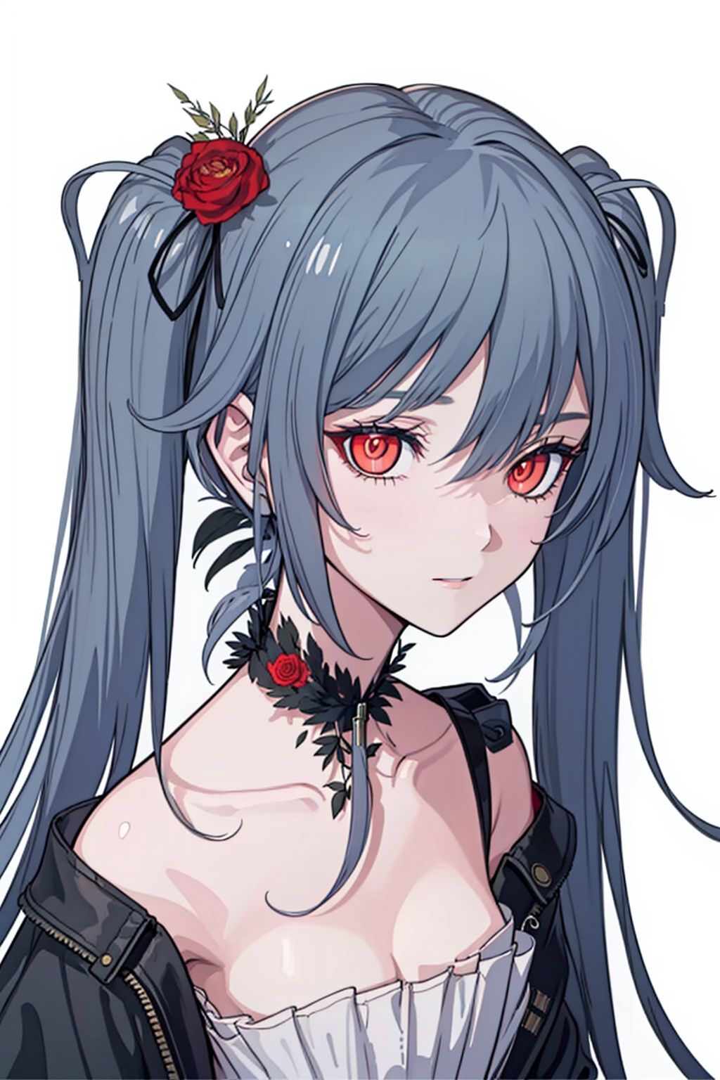  (masterpiece:1.3),(the best quality:1.2),(super fine illustrations:1.2),(Masterpiece),high quality,high detail,(white background:1.2),looking at viewer,(SOLO:1.4),outline,simplebackground,, dress,long hair,bright pupils,high heels,symbol-shaped pupils,black jacket,jacket,hair flower,boots,hair ribbon,choker,thighhighs,striped,red eyes,hair ornament,very long hair,twintails,white dress,hair between eyes,off shoulder,bare shoulders,