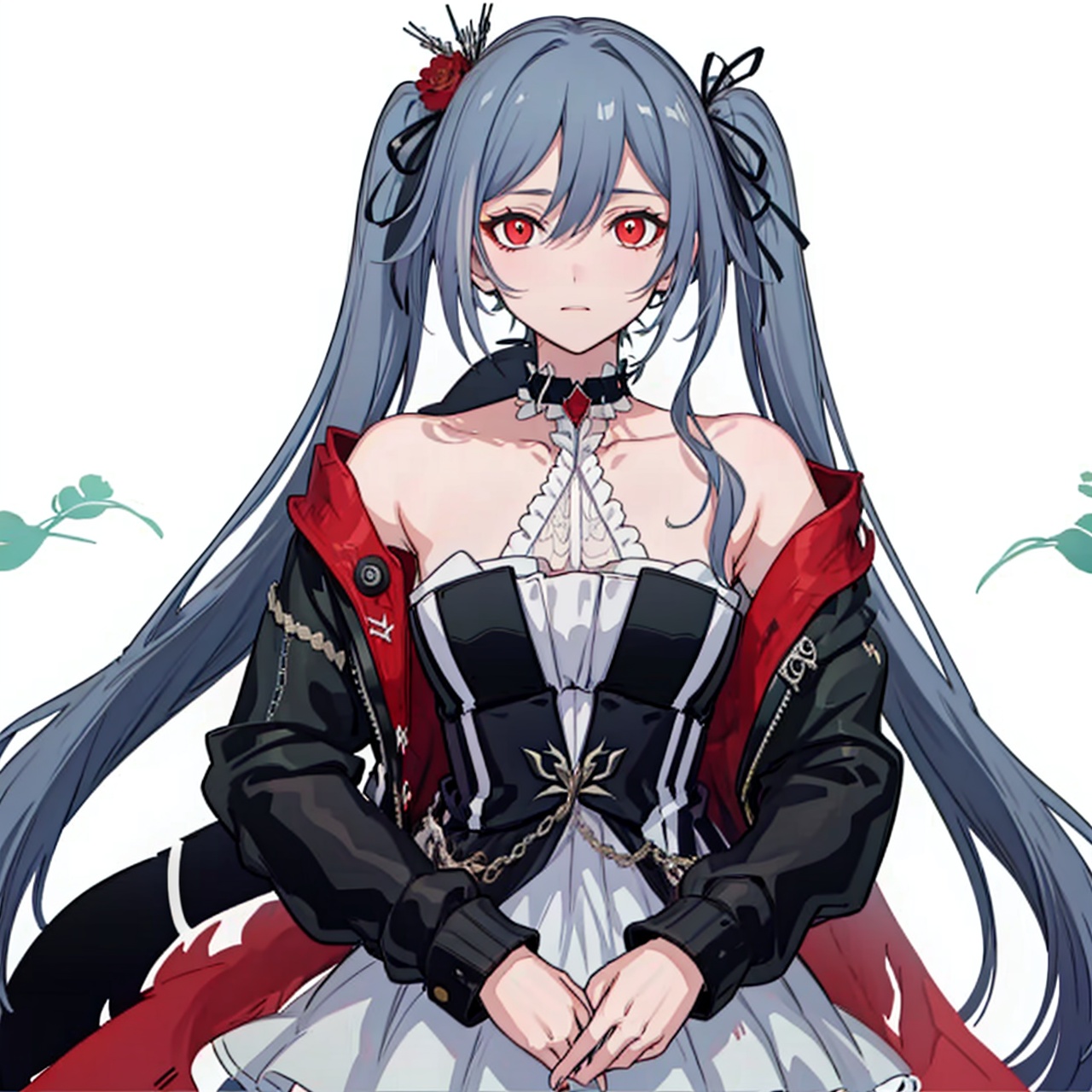  (masterpiece:1.3),(the best quality:1.2),(super fine illustrations:1.2),(Masterpiece),high quality,high detail,(white background:1.2),looking at viewer,(SOLO:1.4),outline,simplebackground,, dress,long hair,bright pupils,high heels,symbol-shaped pupils,black jacket,jacket,hair flower,boots,hair ribbon,choker,thighhighs,striped,red eyes,hair ornament,very long hair,twintails,white dress,hair between eyes,off shoulder,bare shoulders,