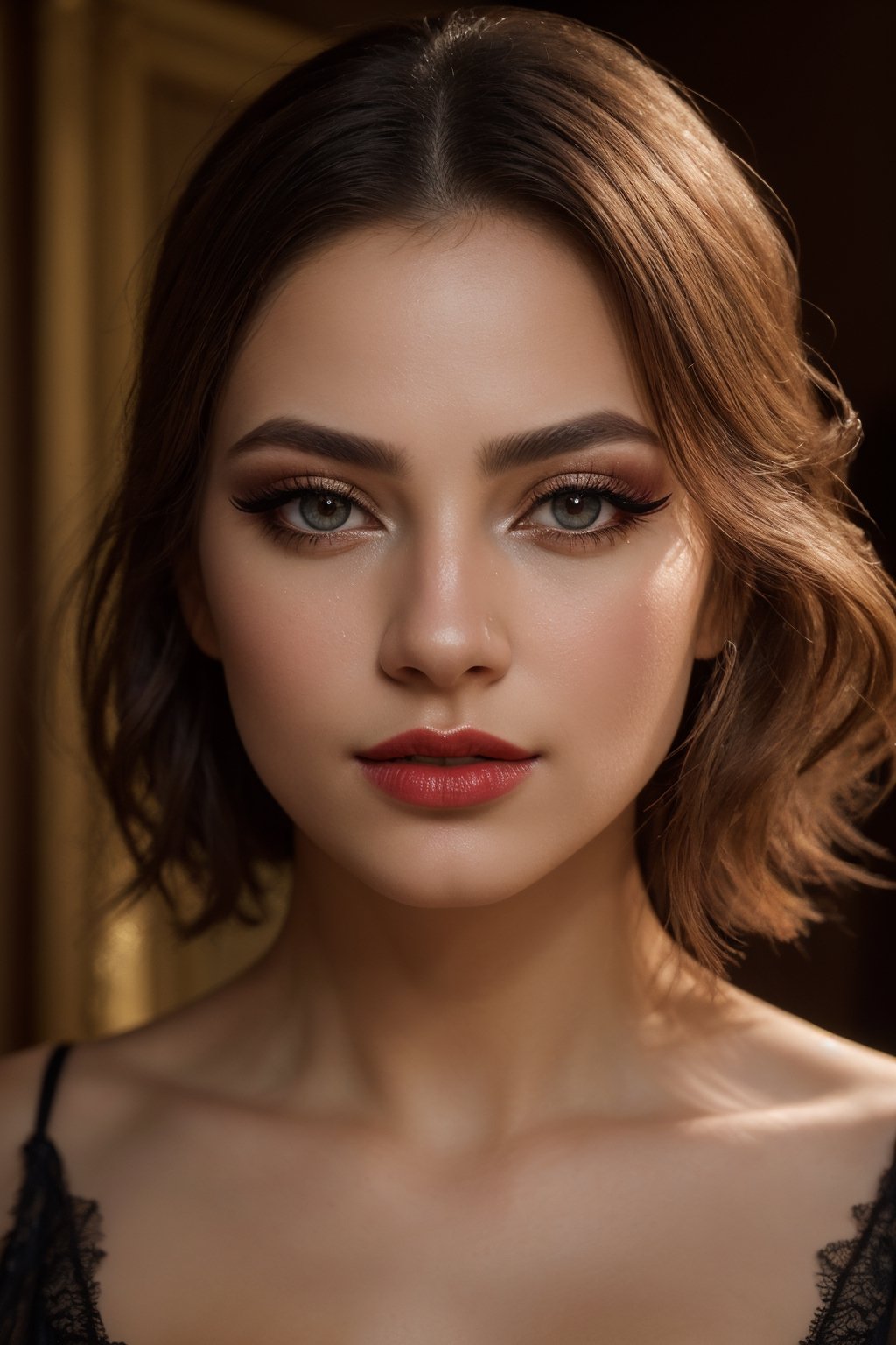 ultra-detailed,  beautiful woman with flawless skin and stunning makeup,  close-up of her detailed eyes and long eyelashes...