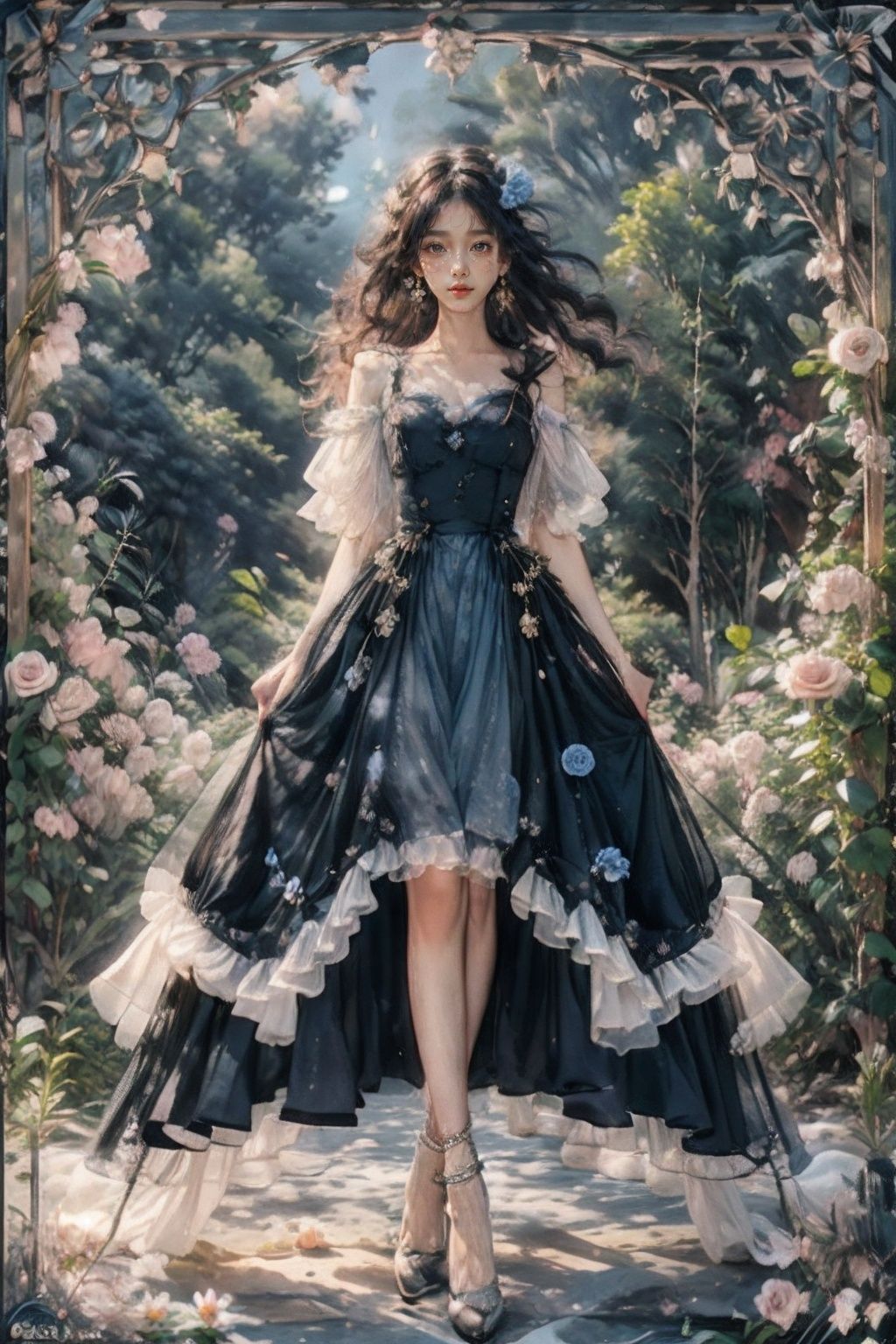 1girl,flower,(atmospheric),high strappy shoes,black dress,crystal,gem,solo,(lying),(coffin),Ethereal and muted color palette with a focus on black and gold,(masterpiece),(best quality),(make up),blush,earring,heart,<lora:coffin棺:0.66>,<lora:星:0.38>,(photorealistic:1.4),bai(\yang)\,chibi,(flower),hair ornament,melancholy,Moody,fine details,cinematic composition,soft lighting,nostalgic,evocative,hazy atmosphere,a sense of solitude,dreamlike atmosphere,melancholic,in_coffin,melancholy,nostalgic,solitude,elegance and sophistication,introspective composition,vintage elements,(blue roses:1.2),ridiculous fantasies,detailed textures,evocative composition,(flower field:1.2),<lora:Detail Tweaker LoRA（细节调整LoRA）:0.35>,<lora:behisheroinev2:0.08>,legs,slim legs,(full body:1.1),(be his heroine:0.3),<lora:WarmLight暖光:0.4>,<lora:Mysterious signs 神秘符號:0.15>,<lora:肉色吊带袜油光版:0.55>,high heels,focus on the character's face,pretty face,PERFECT FACE,perfect hand,golden light,wonderful light,<lora:光影玫瑰_v1.0:0.2>,<lora:花碎花:0.3>,<lora:add_detail加细节:0.4>,<lora:FlowerGarden:0.2>,<lora:Flowers花_Flowersv2.0:0.3>,<lora:水质感滤镜Water Princess:0.3>,<lora:繁星若梦Starry Dreams:0.5>,(suspenders),
