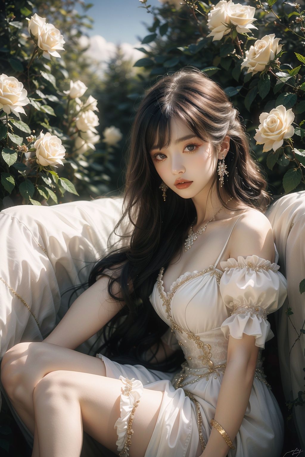 (RAW photo, best quality),(realistic, photo-realistic:1.5),masterpiece,an extremely delicate and beautiful,extremely detailed,CG,unity,8k wallpaper,Amazing,finely detail,ultra-detailed,highres,extremely detailed,extremely detailed eyes and face,------------------,((beautiful sky)),(((beautiful photo background))),((full body shot)),------------------,absurd world,ridiculous fantasies,Surrealistic imagery,dreamlike atmosphere,vibrant and contrasting colors,intricate and detailed elements,somber lighting,1girl,introspective composition,leaning forward,coffinin_coffin,<lora:coffin棺:0.42>,solo,<lora:青色细节调整:0.17>,<lora:5D黑色连裤袜:0.3>,<lora:光影玫瑰_v1.0:0.35>,high heels,ros,(blue rose:1.2),flower,siwa,black pantyhose,<lora:Crystal texture(水晶质感):0.28>,colorful,crystal,from above,glowing,(Ethereal and muted color palette with a focus on black and gold),------------------,<lora:泛光:0.3>,legs,<lora:长腿-手部修复:0.4>,<lora:dreamflower:0.3>,<lora:洛丽塔裙:0.4>,