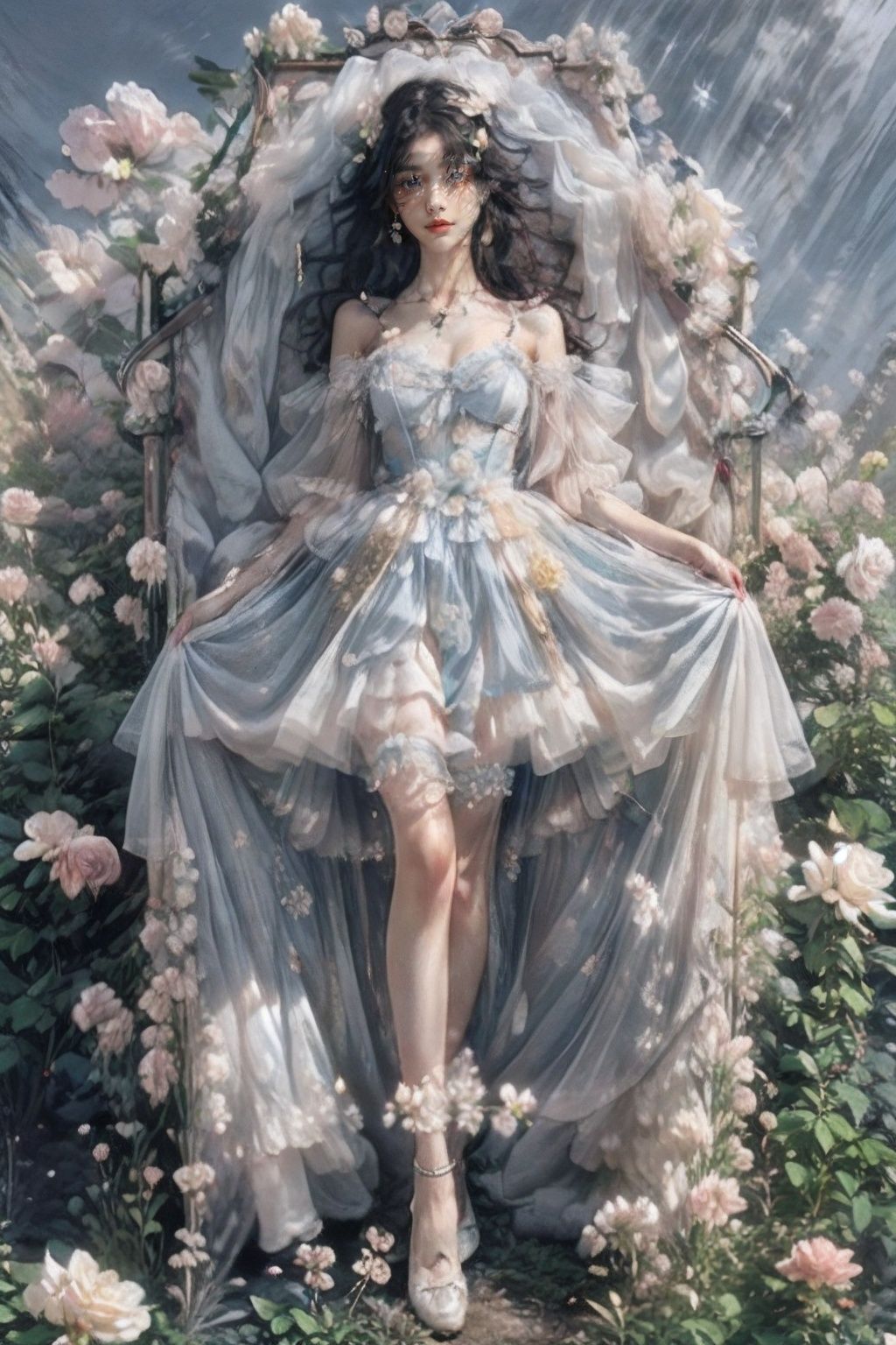 1girl,flower,(atmospheric),high strappy shoes,crystal,gem,solo,(lying),(coffin),Ethereal and muted color palette with a focus on black and gold,(masterpiece),(best quality),(make up),blush,earring,heart,<lora:coffin棺:0.66>,<lora:星:0.38>,<lora:肉色吊带袜油光版:0.55>,(photorealistic:1.4),(flower),hair ornament,melancholy,Moody,fine details,cinematic composition,soft lighting,nostalgic,evocative,hazy atmosphere,a sense of solitude,dreamlike atmosphere,melancholic,in_coffin,melancholy,nostalgic,solitude,elegance and sophistication,introspective composition,vintage elements,(blue roses:1.2),ridiculous fantasies,detailed textures,evocative composition,(flower field:1.2),<lora:Detail Tweaker LoRA（细节调整LoRA）:0.35>,<lora:behisheroinev2:0.08>,white footwearblurry,legs,slim legs,(full body:1.1),(be his heroine:0.4),<lora:WarmLight暖光:0.4>,high heels,focus on the character's face,pretty face,PERFECT FACE,perfect hand,golden light,wonderful light,<lora:光影玫瑰_v1.0:0.2>,<lora:花碎花:0.3>,<lora:add_detail加细节:0.4>,<lora:FlowerGarden:0.2>,<lora:Flowers花_Flowersv2.0:0.3>,<lora:水质感滤镜Water Princess:0.2>,<lora:繁星若梦Starry Dreams:0.4>,suspenders,silk stockings,<lora:网红气质仙女裙Net red temperament fairy skirt:0.2>,<lora:Mysterious signs 神秘符號:0.2>,jewelry,
