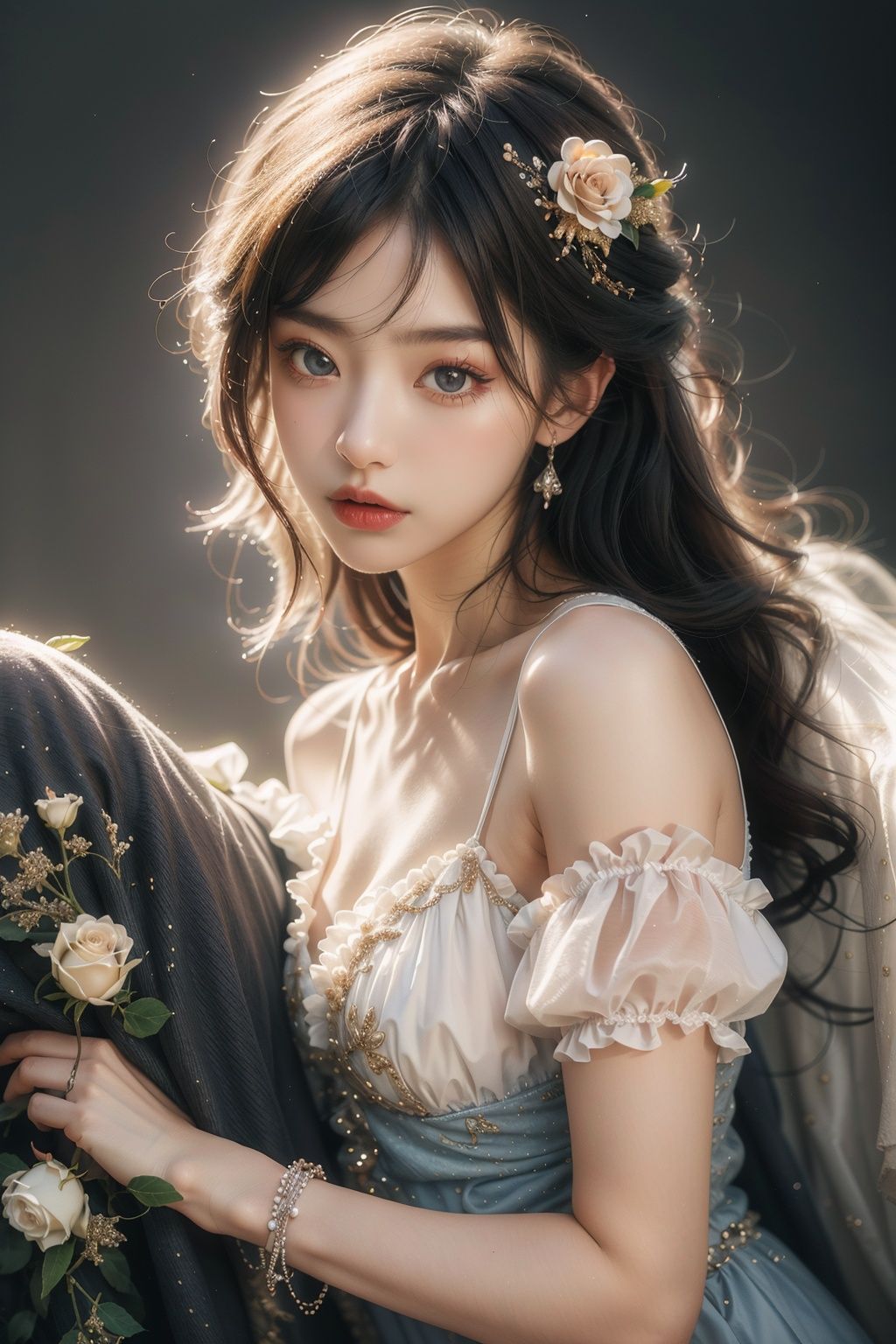 (RAW photo, best quality),(realistic, photo-realistic:1.5),masterpiece,an extremely delicate and beautiful,extremely detailed,CG,unity,8k wallpaper,Amazing,finely detail,ultra-detailed,highres,extremely detailed,extremely detailed eyes and face,------------------,((beautiful sky)),(((beautiful photo background))),((full body shot)),------------------,absurd world,ridiculous fantasies,Surrealistic imagery,dreamlike atmosphere,vibrant and contrasting colors,intricate and detailed elements,somber lighting,1girl,introspective composition,leaning forward,coffinin_coffin,<lora:coffin棺:0.42>,solo,<lora:青色细节调整:0.17>,<lora:5D黑色连裤袜:0.3>,<lora:光影玫瑰_v1.0:0.35>,high heels,ros,(blue rose:1.2),flower,siwa,black pantyhose,<lora:Crystal texture(水晶质感):0.28>,colorful,crystal,from above,glowing,(Ethereal and muted color palette with a focus on black and gold),------------------,<lora:泛光:0.3>,legs,<lora:长腿-手部修复:0.4>,<lora:dreamflower:0.3>,<lora:洛丽塔裙:0.4>,