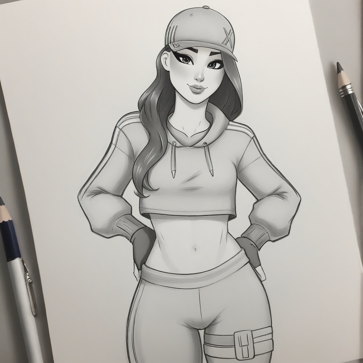 a pencil sketch of xrby wearing a grey xxcc outfit on Tensor.Art
