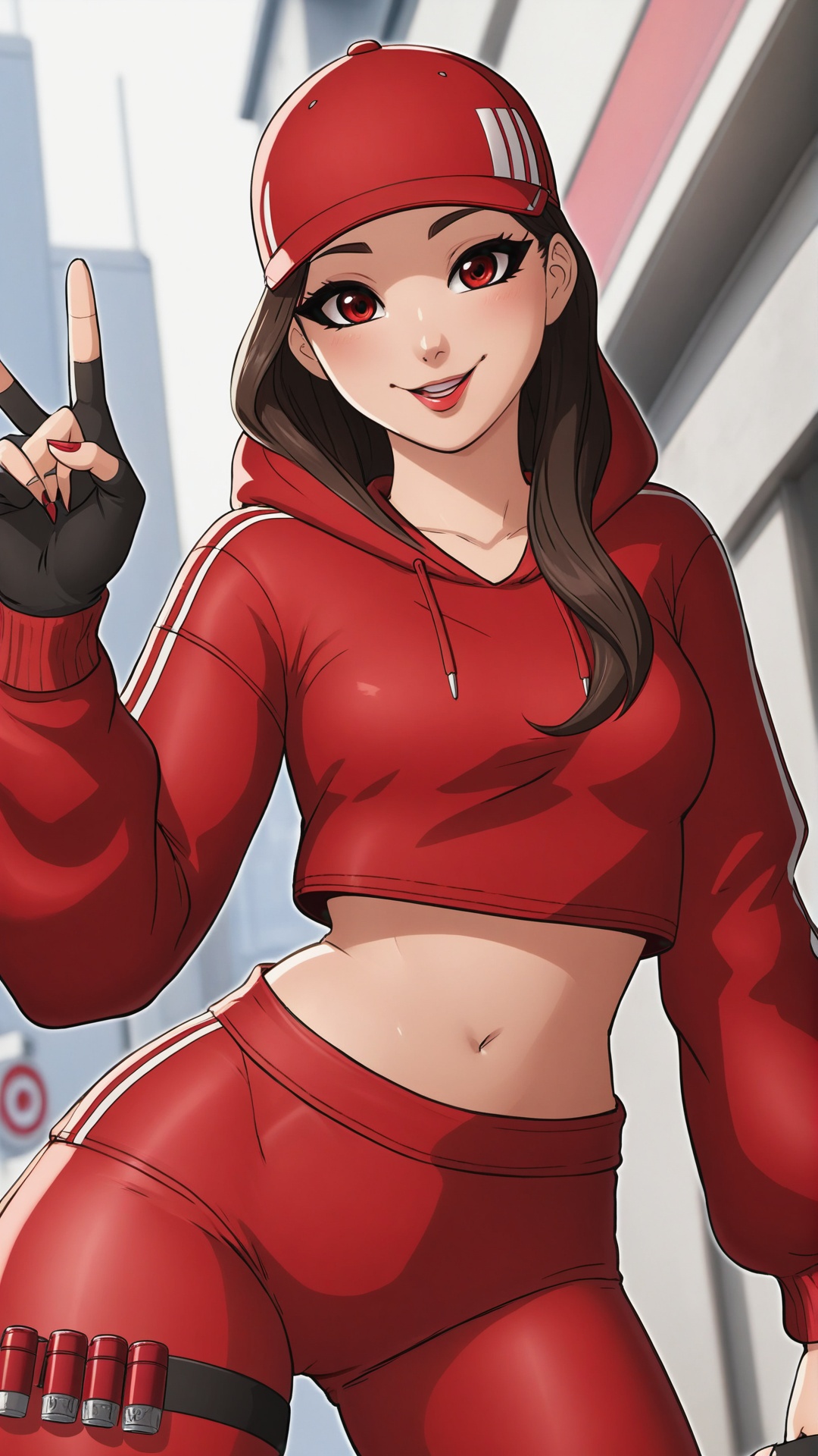 anime art of xrby,  wearing a red xxcc outfit,  raising her hand in a peace sign gesture on Tensor.Art