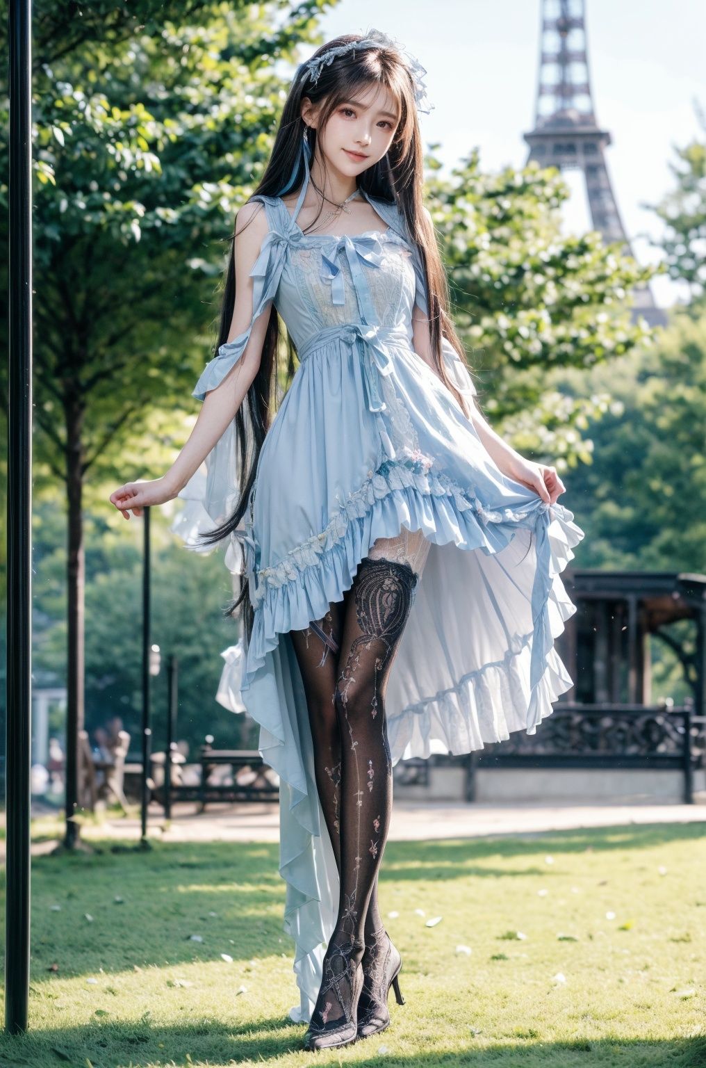 (Good structure), HDR, UHD, 8K, A real person, Highly detailed, best quality, masterpiece, 1girl, realistic, Highly detailed, (EOS R8, 50mm, F1.2, 8K, RAW photo:1.2), ultra realistic 8k, (best illumination, best shadow, extremely delicate and beautiful), (official art, beautiful and aesthetic:1.2), solo, 1girl, , long hair, Wind, flowing hair, kind smile, , pose for picture, , looking_at_viewer, , perfect body,
full body, long hair, Wind, flowing hair, kind smile, , pose for picture, , looking_at_viewer, , perfect body,
lack pantyhose, sexy,,argylelegwear,argyle,lolidress,dress,Eiffel Tower background,Perfect details,Complex lace,lace, 
(wearing a purple of flowing  dress made of petals),
 in a serene garden filled with blooming flowers, a representation of beauty and grace, charming, cute, beautiful, ultra detailed, dream like shot, sunset,((holographic))), (((rainbowish))), expressive, cinematic, dynamic pose,midjourney,1girl, solo,,realistic, black pantyhose,argylelegwear, , tifa