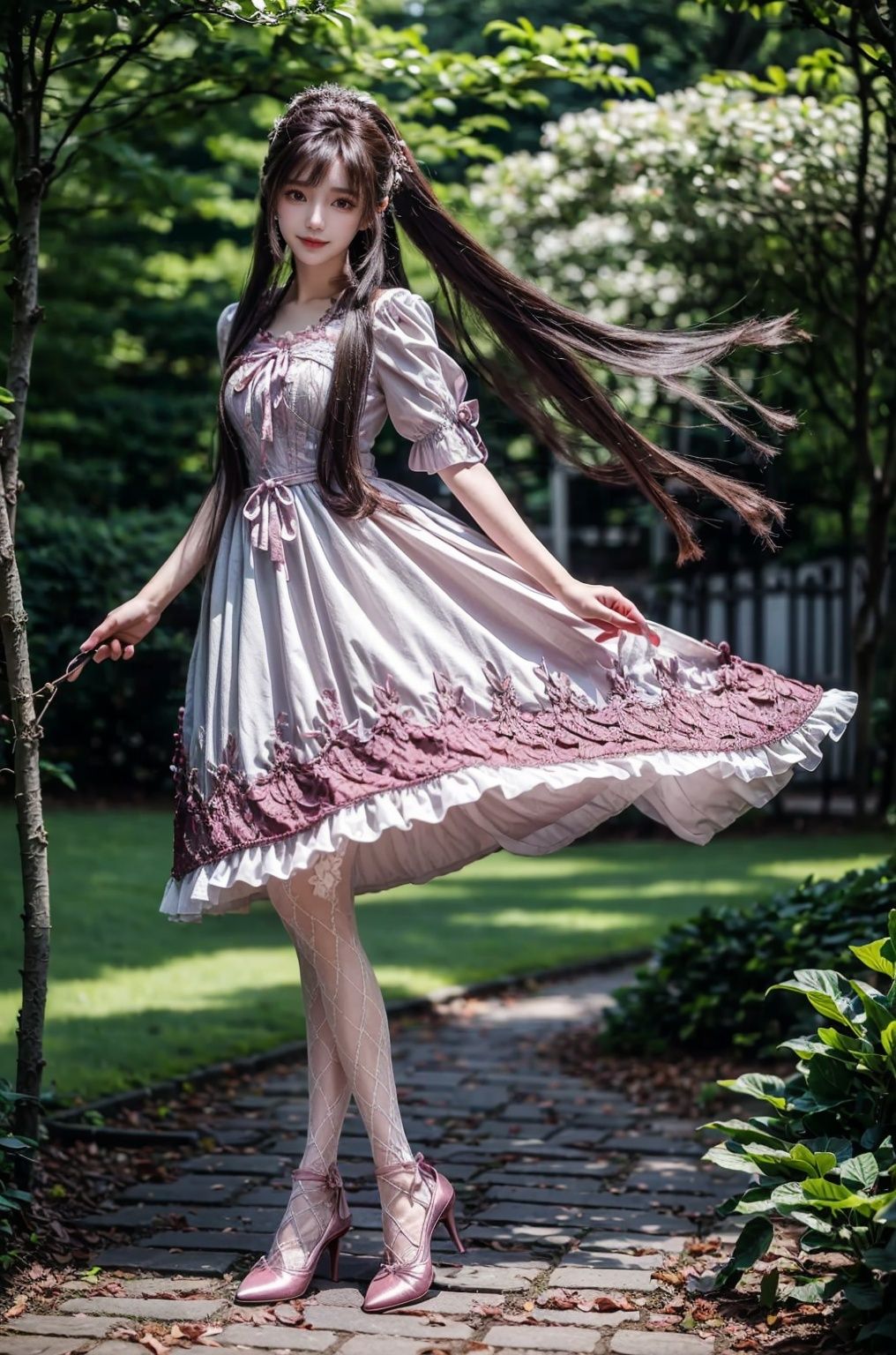  (best illumination, best shadow, extremely delicate and beautiful), (official art, beautiful and aesthetic:1.2), solo, 1girl, , long hair, Wind, flowing hair, kind smile, , pose for picture, , looking_at_viewer, , perfect body,
lack pantyhose, xiaowu,argylelegwear,argyle,lolidress,pink dress,Garden background,Perfect details,Complex lace,lace