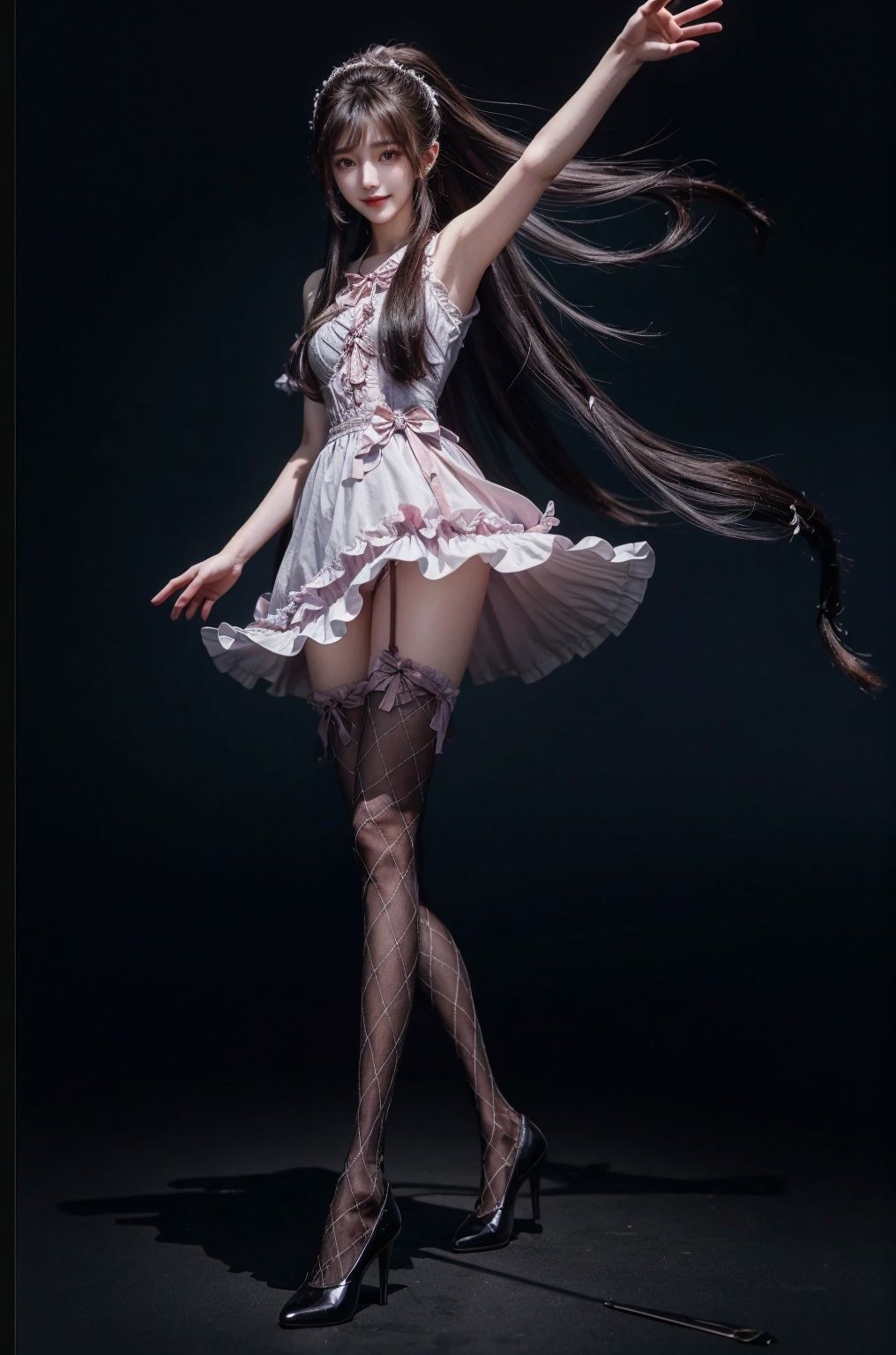  (best illumination, best shadow, extremely delicate and beautiful), (official art, beautiful and aesthetic:1.2), solo, 1girl, , long hair, Wind, flowing hair, kind smile, , pose for picture, , looking_at_viewer, , perfect body,
lack pantyhose, xiaowu,argylelegwear,argyle,lolidress