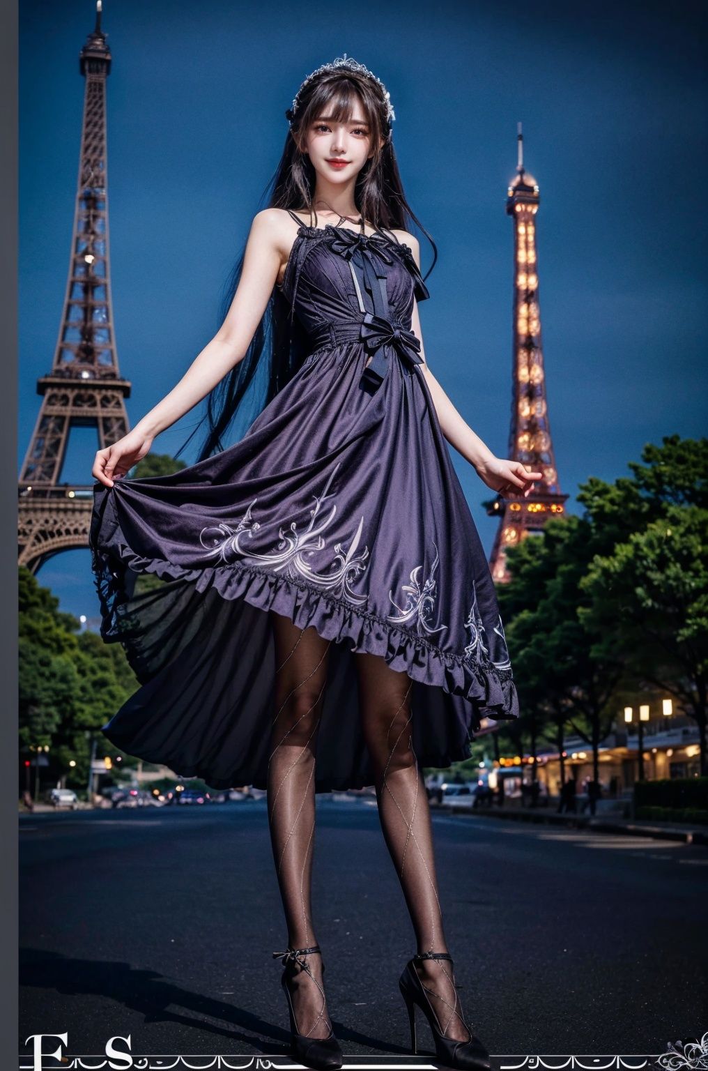  (Good structure), HDR, UHD, 8K, A real person, Highly detailed, best quality, masterpiece, 1girl, realistic, Highly detailed, (EOS R8, 50mm, F1.2, 8K, RAW photo:1.2), ultra realistic 8k, (best illumination, best shadow, extremely delicate and beautiful), (official art, beautiful and aesthetic:1.2), solo, 1girl, , long hair, Wind, flowing hair, kind smile, , pose for picture, , looking_at_viewer, , perfect body,
full body, long hair, Wind, flowing hair, kind smile, , pose for picture, , looking_at_viewer, , perfect body,
lack pantyhose, sexy,xiaowu,argylelegwear,argyle,lolidress,dress,(purple dress),Eiffel Tower background,Perfect details,Complex lace,lace