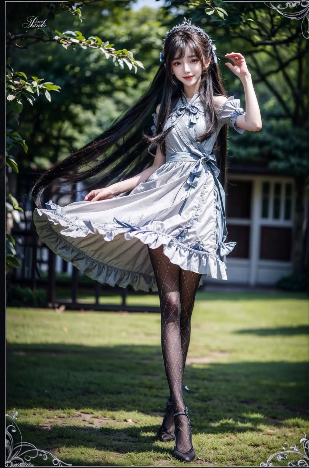  (best illumination, best shadow, extremely delicate and beautiful), (official art, beautiful and aesthetic:1.2), solo, 1girl, , long hair, Wind, flowing hair, kind smile, , pose for picture, , looking_at_viewer, , perfect body,
lack pantyhose, xiaowu,argylelegwear,argyle,lolidress,Garden background
