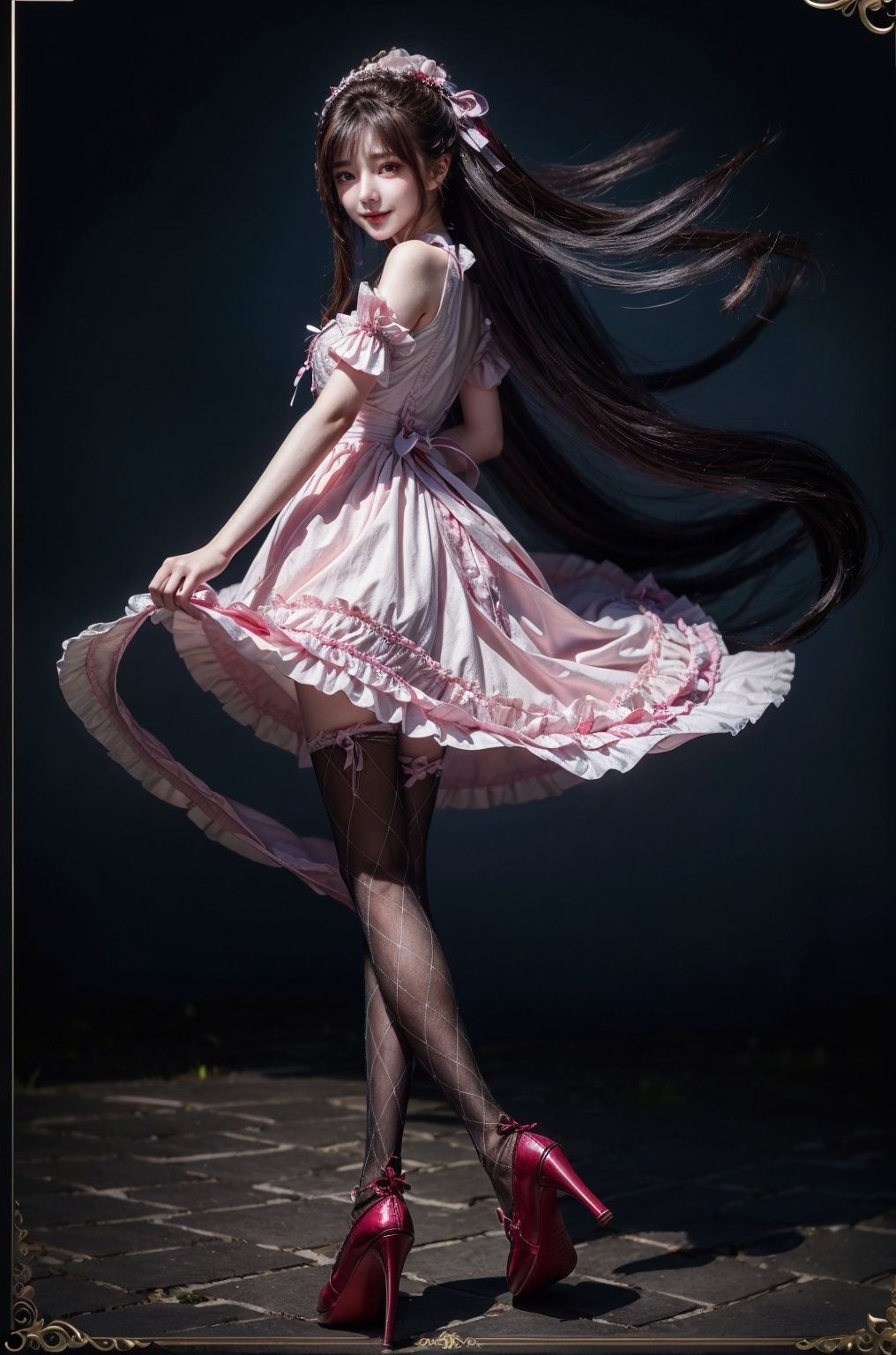 (best illumination, best shadow, extremely delicate and beautiful), (official art, beautiful and aesthetic:1.2), solo, 1girl, , long hair, Wind, flowing hair, kind smile, , pose for picture, , looking_at_viewer, , perfect body,
lack pantyhose, xiaowu,argylelegwear,argyle,lolidress