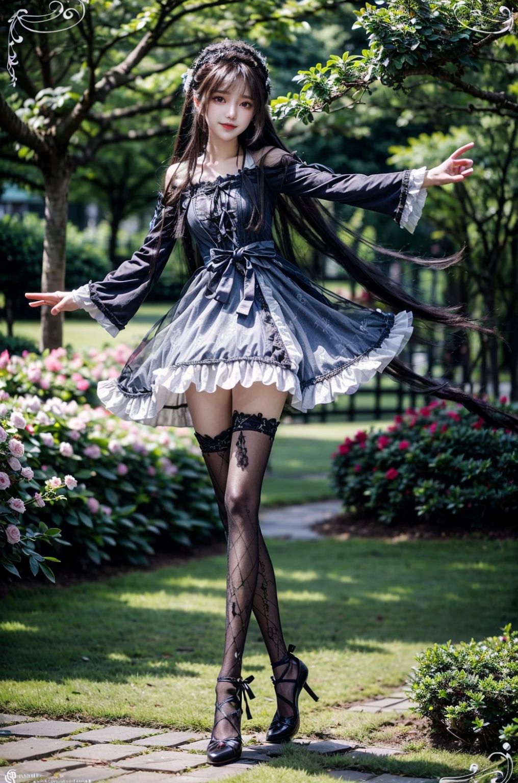  (best illumination, best shadow, extremely delicate and beautiful), (official art, beautiful and aesthetic:1.2), solo, 1girl, , long hair, Wind, flowing hair, kind smile, , pose for picture, , looking_at_viewer, , perfect body,
lack pantyhose, xiaowu,argylelegwear,argyle,lolidress,blue dress,Garden background,Perfect details,Complex lace,lace