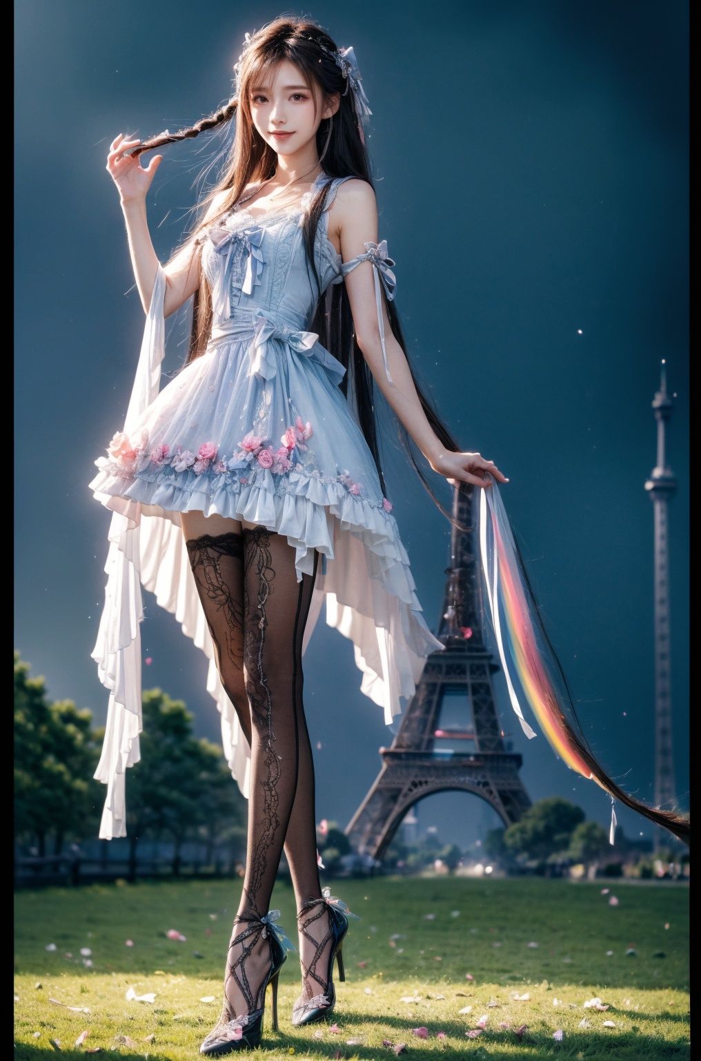  (Good structure), HDR, UHD, 8K, A real person, Highly detailed, best quality, masterpiece, 1girl, realistic, Highly detailed, (EOS R8, 50mm, F1.2, 8K, RAW photo:1.2), ultra realistic 8k, (best illumination, best shadow, extremely delicate and beautiful), (official art, beautiful and aesthetic:1.2), solo, 1girl, , long hair, Wind, flowing hair, kind smile, , pose for picture, , looking_at_viewer, , perfect body,
full body, long hair, Wind, flowing hair, kind smile, , pose for picture, , looking_at_viewer, , perfect body,
lack pantyhose, sexy,,argylelegwear,argyle,lolidress,dress,Eiffel Tower background,Perfect details,Complex lace,lace, wearing a flowing  dress made of petals,
 in a serene garden filled with blooming flowers, a representation of beauty and grace, charming, cute, beautiful, ultra detailed, dream like shot, sunset,((holographic))), (((rainbowish))), expressive, cinematic, dynamic pose,midjourney,1girl, solo,,realistic, black pantyhose,argylelegwear, , tifa