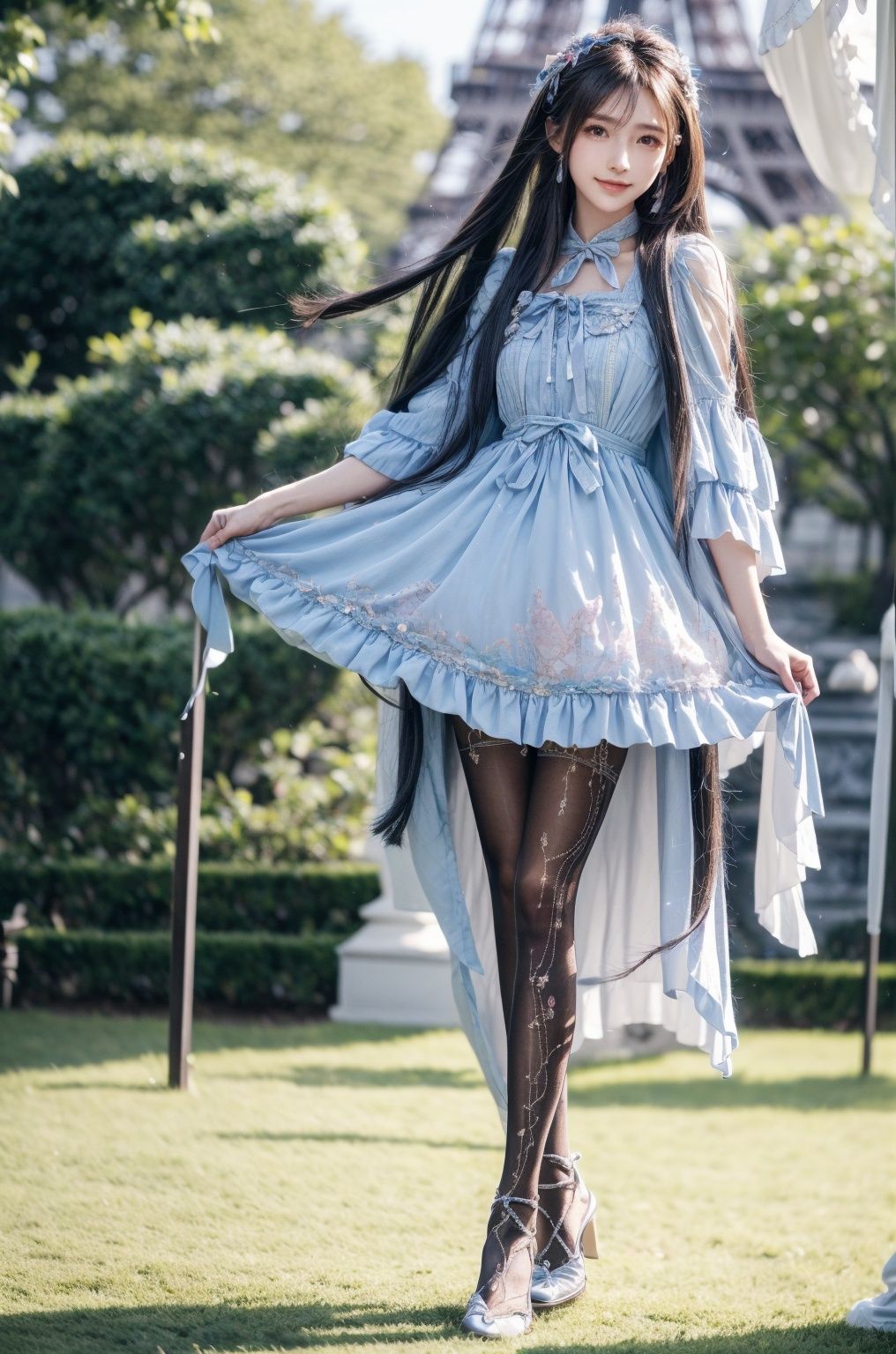  (Good structure), HDR, UHD, 8K, A real person, Highly detailed, best quality, masterpiece, 1girl, realistic, Highly detailed, (EOS R8, 50mm, F1.2, 8K, RAW photo:1.2), ultra realistic 8k, (best illumination, best shadow, extremely delicate and beautiful), (official art, beautiful and aesthetic:1.2), solo, 1girl, , long hair, Wind, flowing hair, kind smile, , pose for picture, , looking_at_viewer, , perfect body,
full body, long hair, Wind, flowing hair, kind smile, , pose for picture, , looking_at_viewer, , perfect body,
lack pantyhose, sexy,,argylelegwear,argyle,lolidress,dress,Eiffel Tower background,Perfect details,Complex lace,lace, wearing a purple of flowing  dress made of petals,
 in a serene garden filled with blooming flowers, a representation of beauty and grace, charming, cute, beautiful, ultra detailed, dream like shot, sunset,((holographic))), (((rainbowish))), expressive, cinematic, dynamic pose,midjourney,1girl, solo,,realistic, black pantyhose,argylelegwear, , tifa