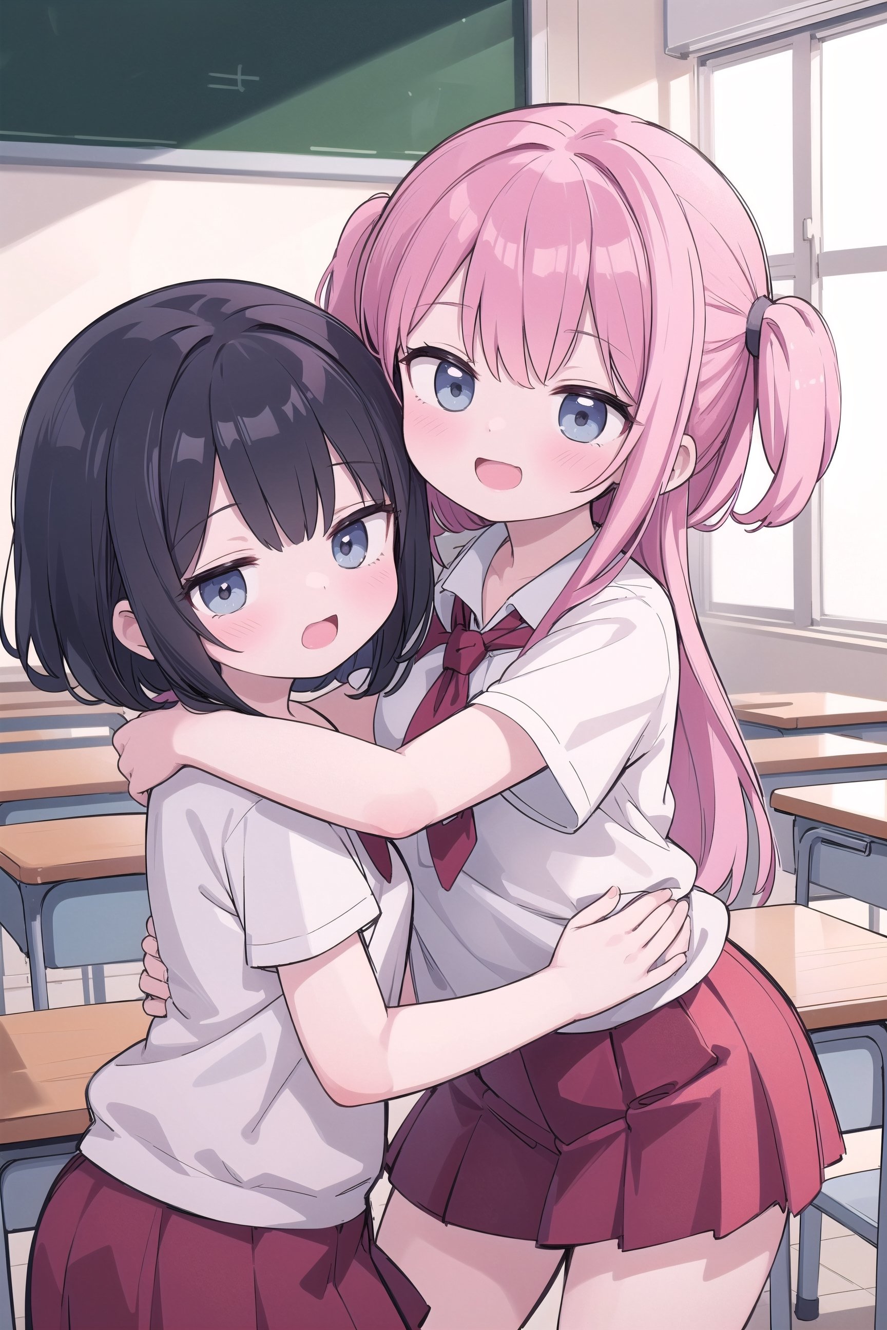 ultra resolution image,  Corner of the classroom. A few girls are gathered together,  showing hugging each other to the te...