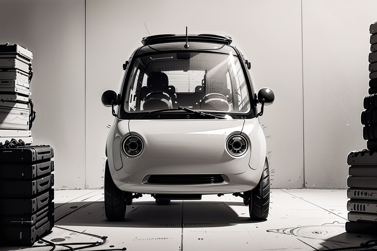  Drawing of micro vehicle, sketch artstyle, grayscale, monochrome