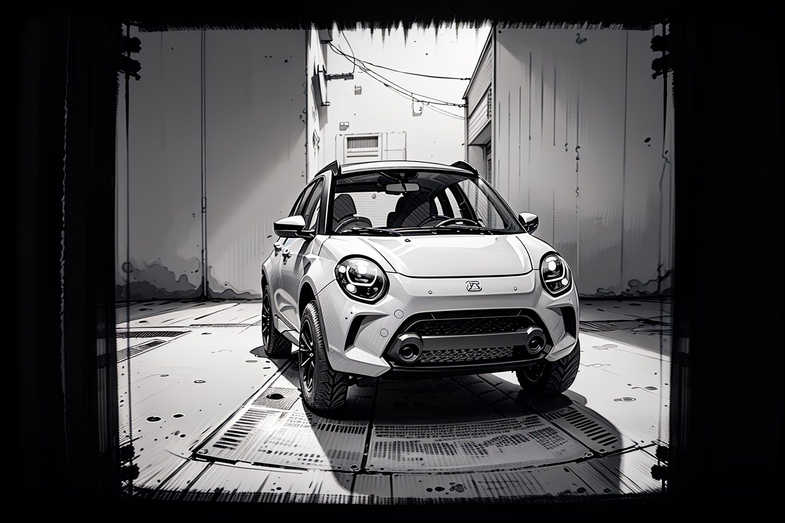  Drawing of micro vehicle, sketch artstyle, grayscale, monochrome