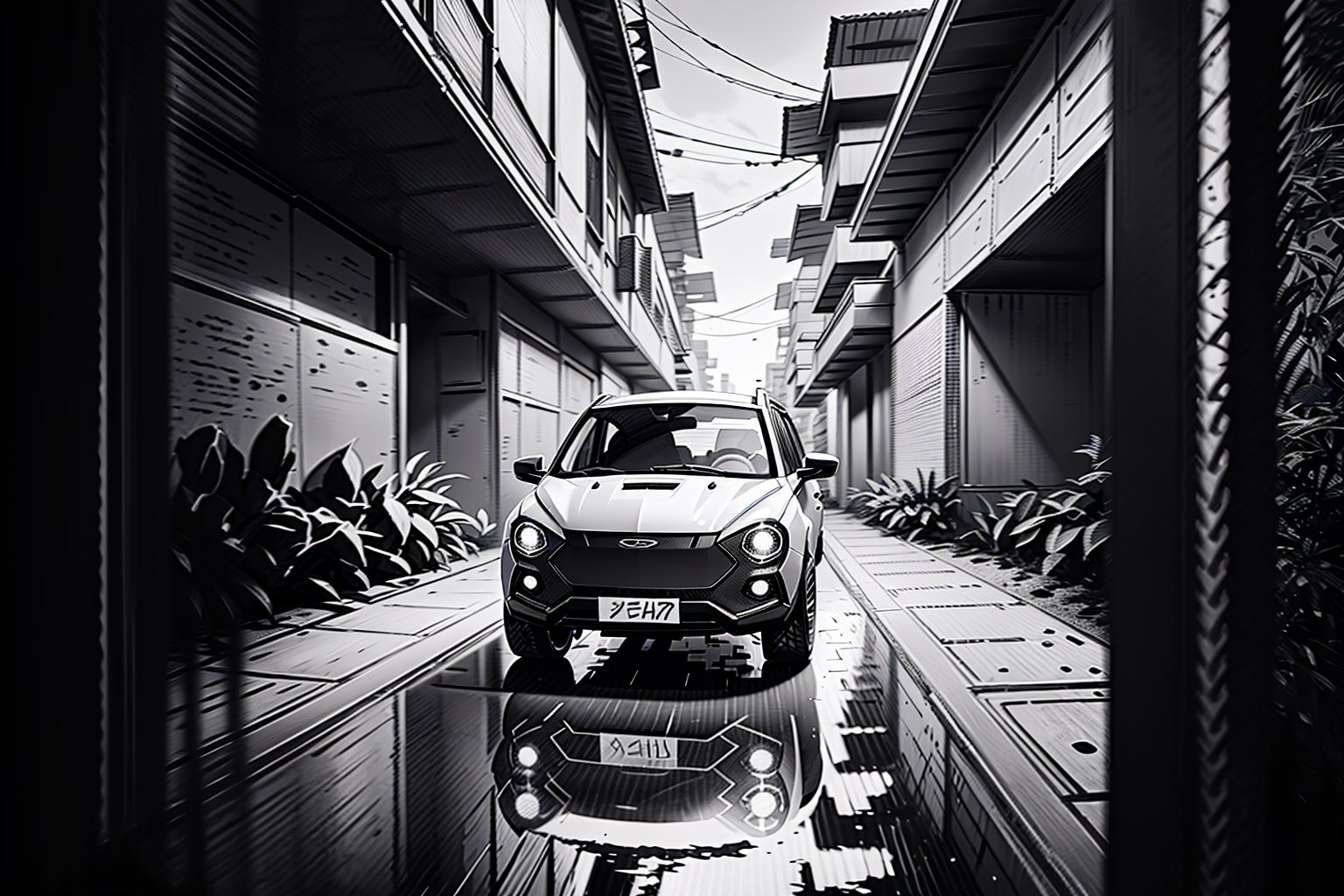  Drawing of micro vehicle, sketch artstyle, grayscale, monochrome
