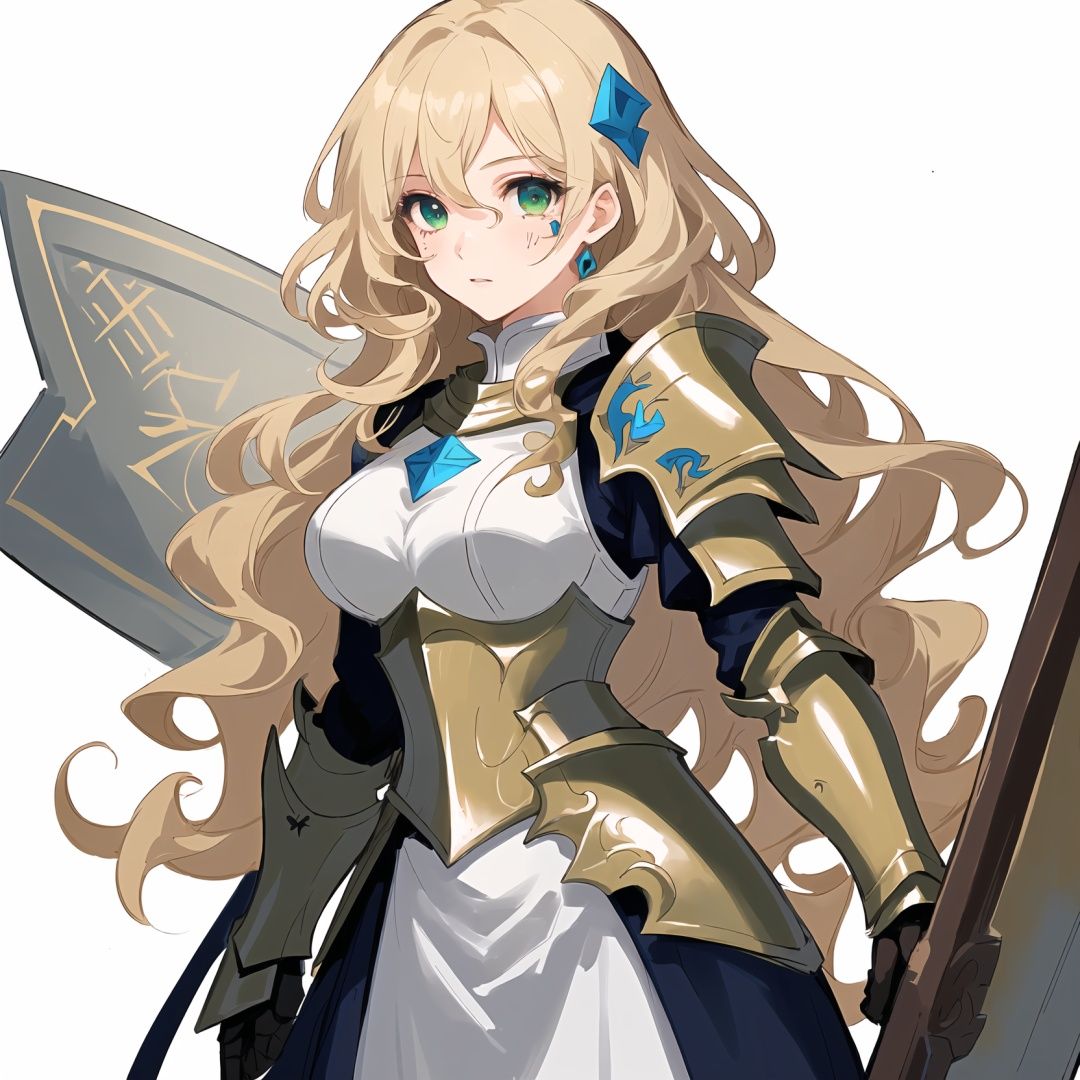 (1 girl),(solo),(mature female:1.3),(white background:1.3),illustration,disheveled hair,(beautiful detailed face:1.3),(beautiful detailed hair:1.3),(beautiful detailed eyes:1.3),whole body,right human structure,blonde hair,long hair,(curly hair:1.2),green eyes,big breasts,(Paladin:1.2),(rune armor:1.2),(standing),white clothes,(cowboy_shot:1.2),