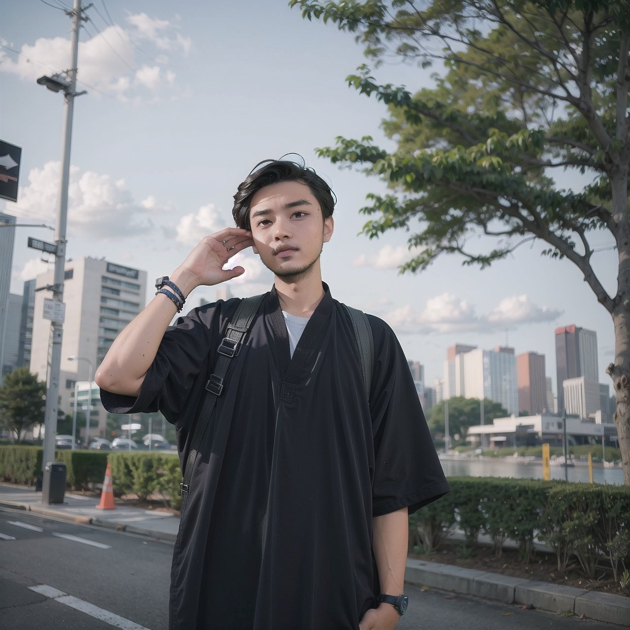 hair,  outdoor background,  22 year old male on Tensor.Art