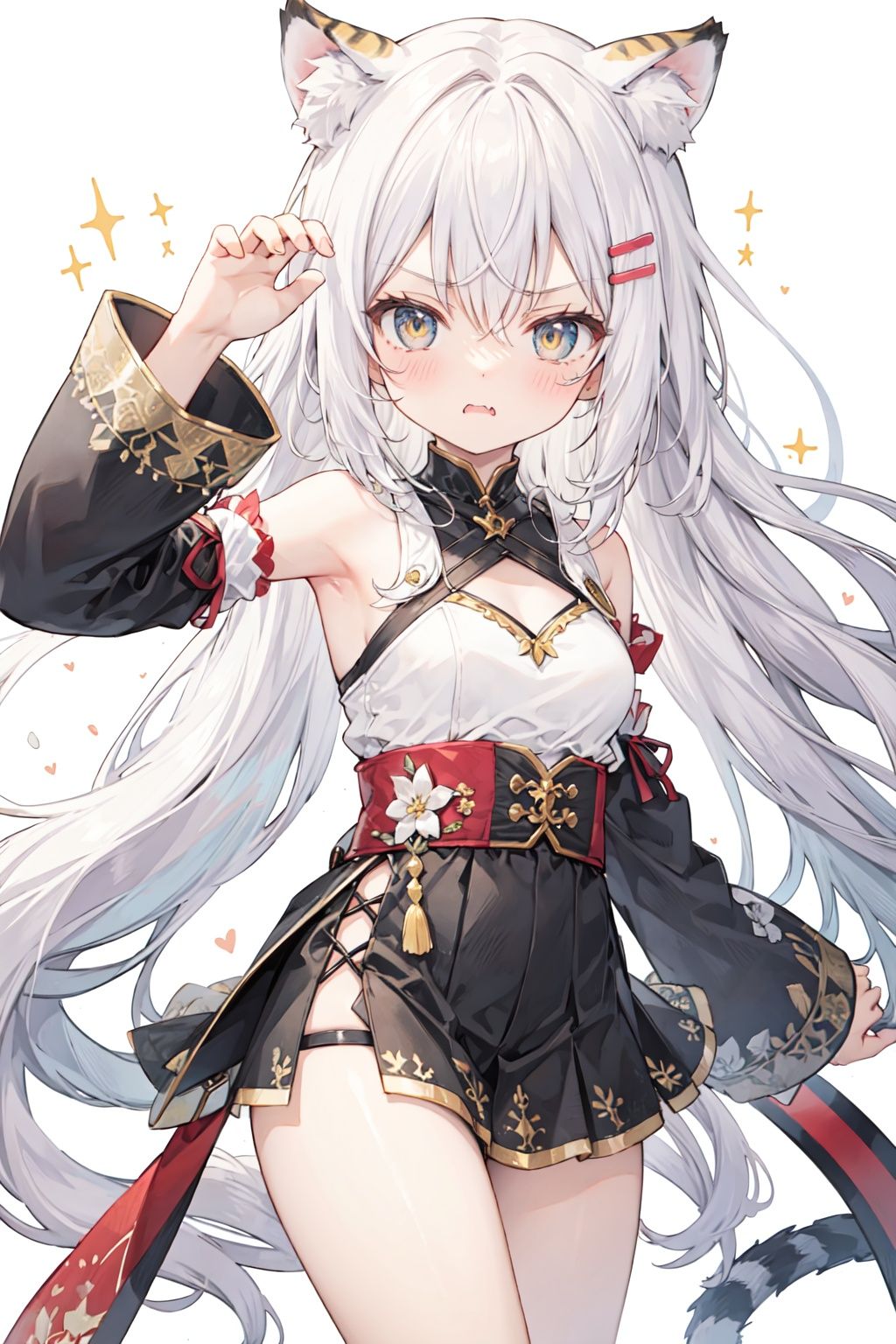 angry,frown,grievance++++loli,petite,medium breast,(panorama:1.2),causticstail,disheveled hair, messy hair, long bangs, floating hair,highleg,solo+++loose clothes,(black t-detached sleeves:1.4)++,hairclip,++++Yellow eyes,white hair,tiger ears,fang out,{beautiful eyes},solo,