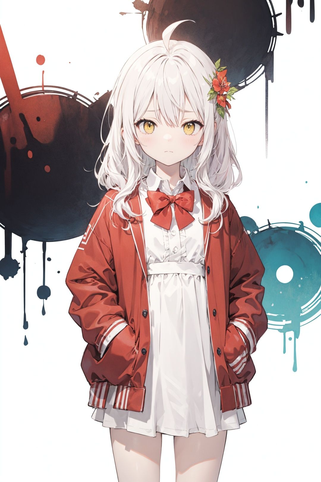  (best quality), ((masterpiece)), (highres),standing,original, extremely detailed wallpaper,crown,(an extremely delicate and beautiful),(loli),(petite),white hair,bangs,ahoge,hair flowing over,curly hair,long hair,Yellow eyes, (red Jacket),white collared shirt,hair flower,fipped hair,floating hair,Frown,hands in pockets,black dress,red bowtie,(solo),cozy anime
