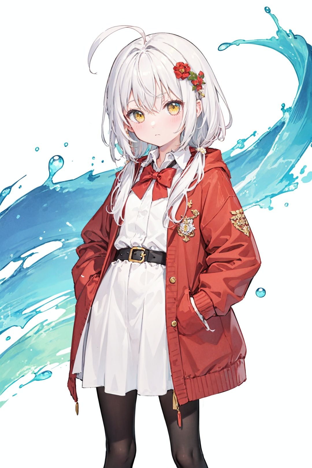  (best quality), ((masterpiece)), (highres),standing,original, extremely detailed wallpaper,crown,gradient hair,(an extremely delicate and beautiful),(loli),(petite),white hair,bangs,ahoge,hair flowing over,curly hair,long hair,Yellow eyes, (red Jacket),white collared shirt,hair flower,fipped hair,floating hair,Frown,hands in pockets,black dress,red bowtie,(solo),cozy anime,houtufeng